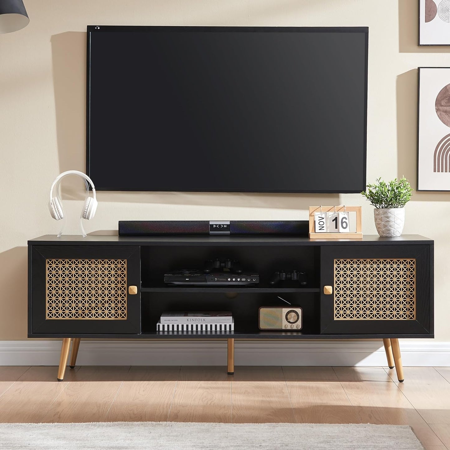 Mid Century Modern TV Stand for 65 inch TV, Entertainment Center with Storage, Metal Mesh Decorated Cabinet Doors for Living Room, Black