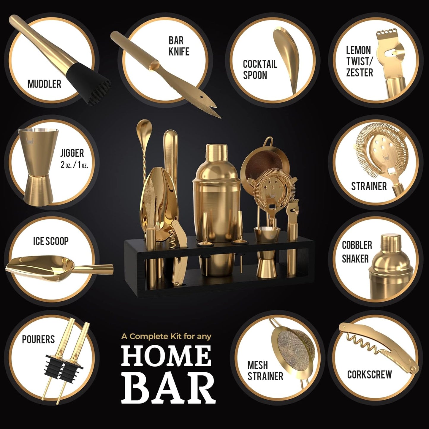 Highball & Chaser Bartender Kit with Espresso Bamboo Stand. Beautiful Cobbler Cocktail Shaker Set with Bar Tools Rustproof Stainless Steel Bar Set (Matte Gold)