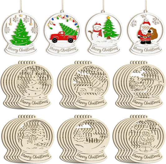 36PCS Wooden Hollow Christmas Ornaments for Paint Christmas Tree Decorations 6 Styles, DIY Blank Unfinished Wood Reindeer Santa Claus Snowman Snowflake Angle Cutouts for Crafts Winter Hanging Decora