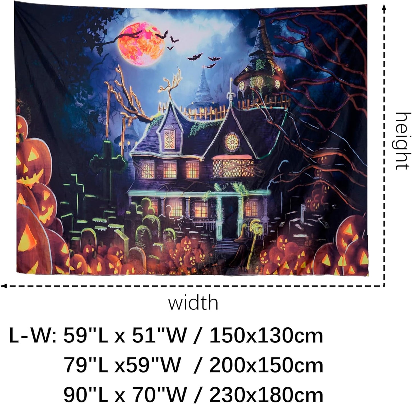 OSVINO Blacklight Halloween Castle Tapestry 90"x70" Pumpkins Bats Crosses Backdrop Bedroom Aesthetic Hippie Room Decor Glow in The Dark Wall Poster for Halloween Easter