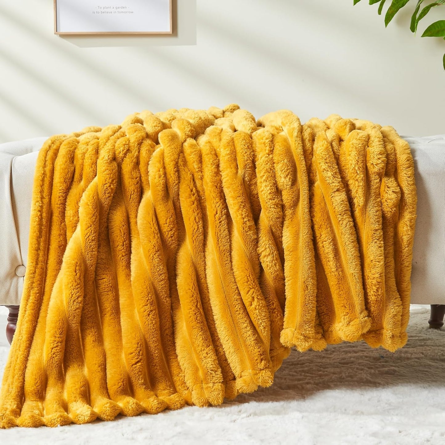NEWCOSPLAY Super Soft Throw Blanket Mustard Yellow Premium Silky Flannel Fleece 3D Ribbed Jacquard Lightweight Bed Blanket All Season Use (Mustard Yellow Ribbed, Throw(50"x60"))