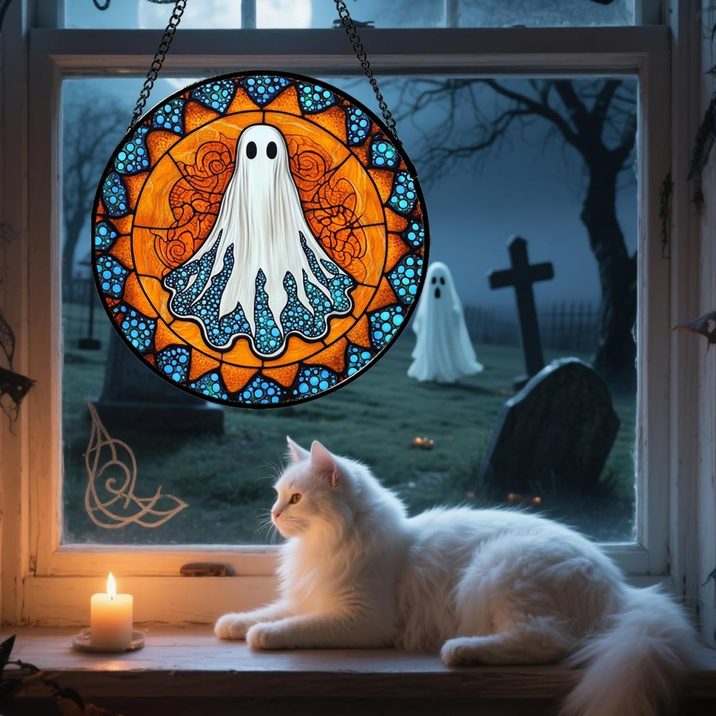 Stained Glass Window Hanging - Halloween Decorations White Ghost Suncatcher for Doors Garden Indoor Spooky Funny Blue Sun Catchers Gothic Decor Horror Gifts for Women Men Friend 9.8 in