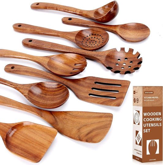 SPATUAMZ Natural Kitchen Utensils Set Wooden, Teak Wooden Spoons for Cooking, Wooden Utensils Set of 9 for Any Kitchen