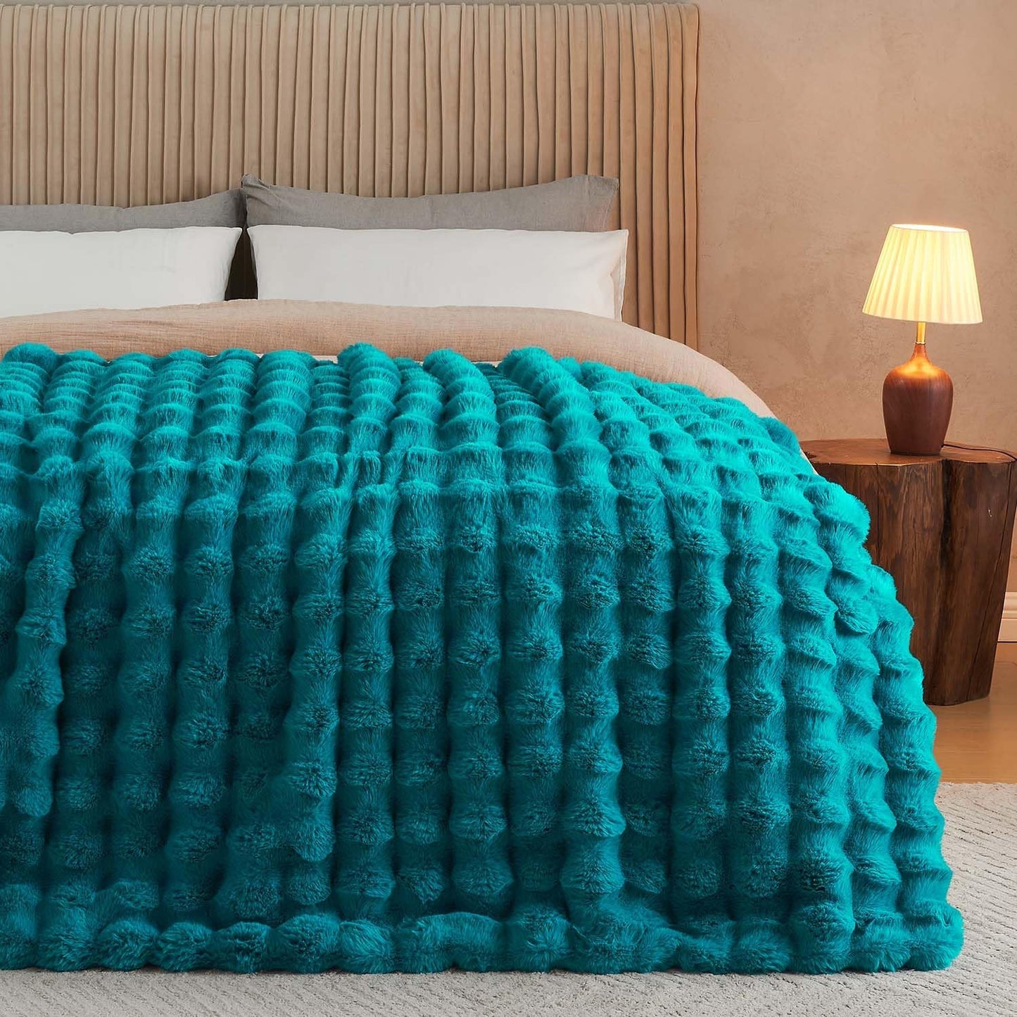Lotus Karen Faux Fur Throw Blanket Teal - Big Bubble Rabbit Fluff Blanket for Couch Bed Sofa,Softest Fluffy Fuzzy Cozy Blanket,Thick Furry Plush Shaggy Warm Blankets for Women,108x90 Inches