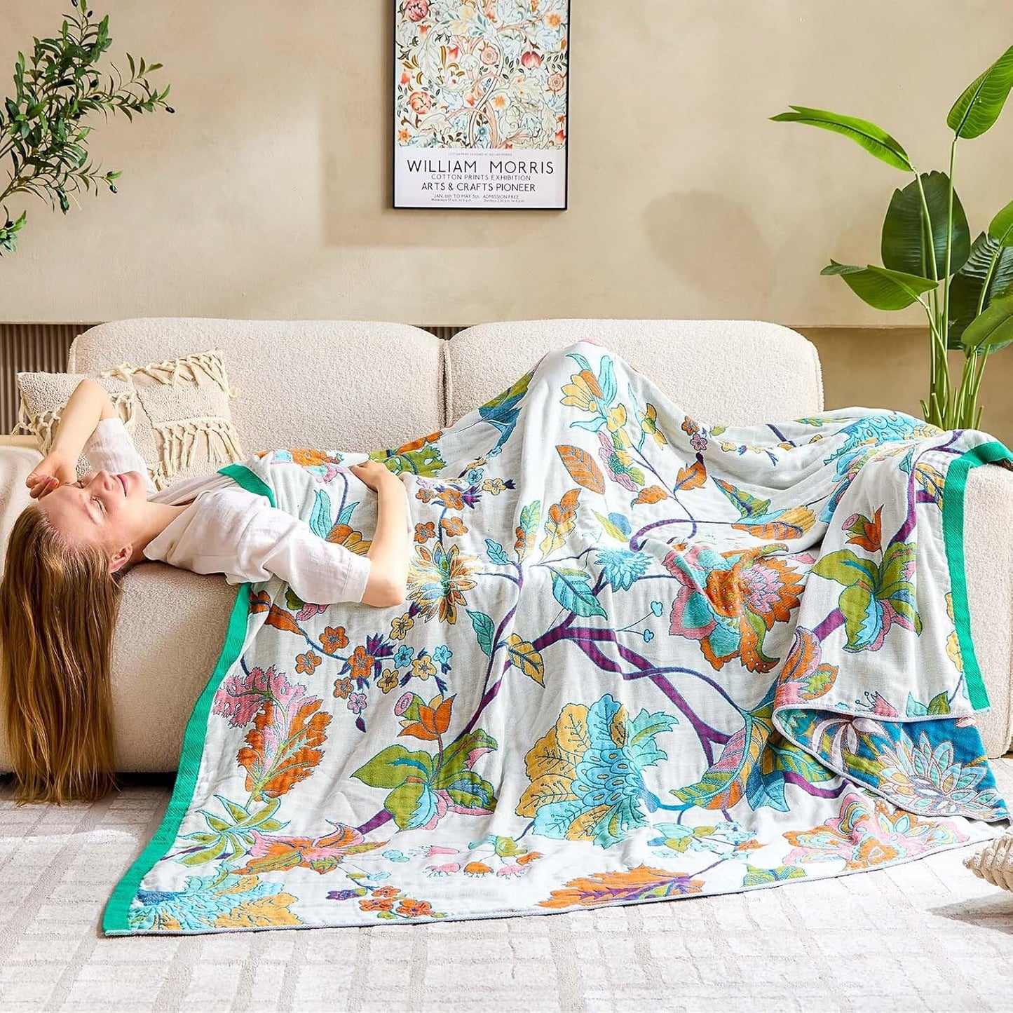 Summer Throw Blanket, 60"x80" Reversible Bohemian Flower Blanket, 100% Cotton Muslin Breathable Woven, Farmhouse Decorative Throw Blanket