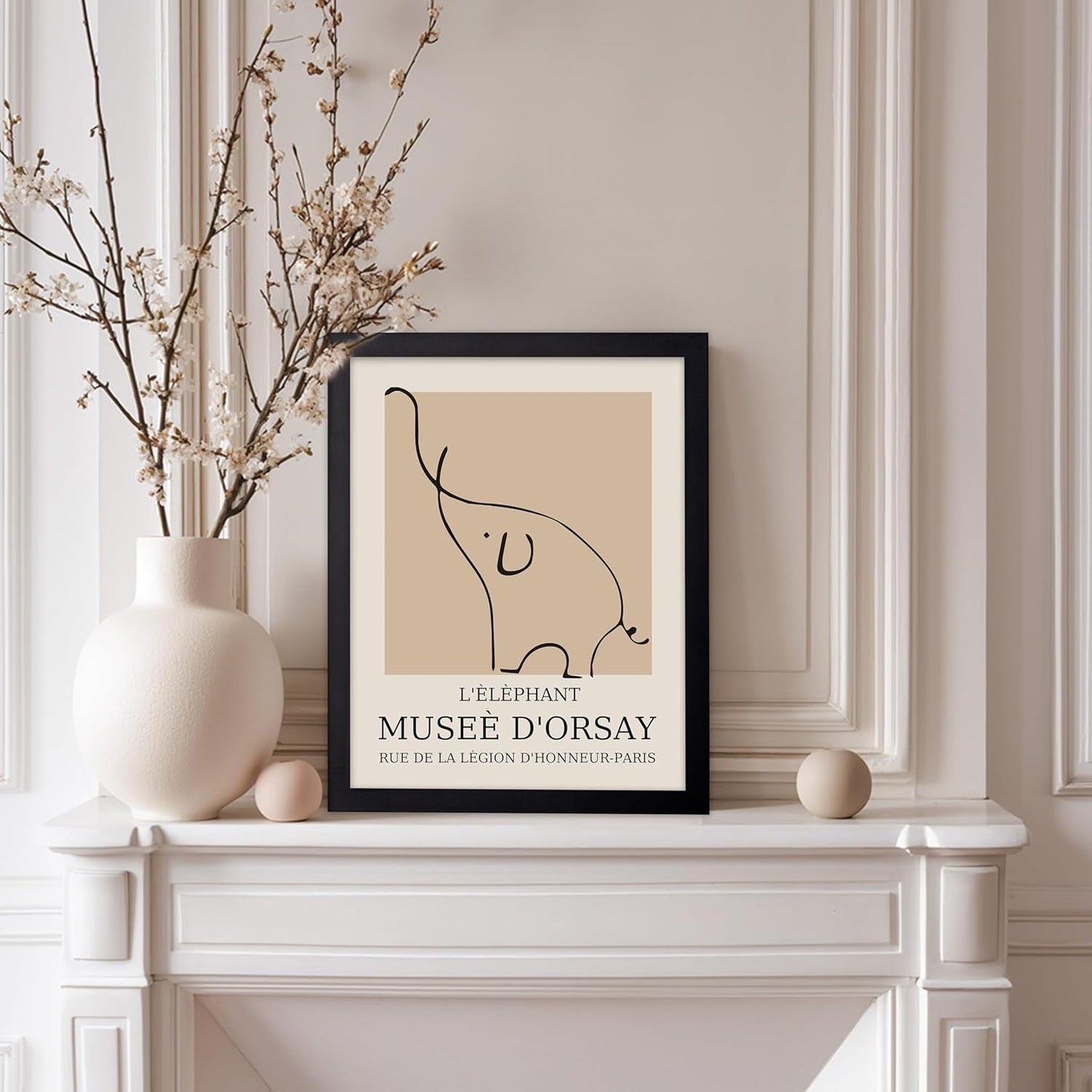 Poster Master Vintage Poster - Retro Minimalist Print - Gift for Artist, Housewarming - Elephant, Line Drawing, Sketch, Abstract - Wall Decor for Living Room, Bedroom, 8x10 Black Framed