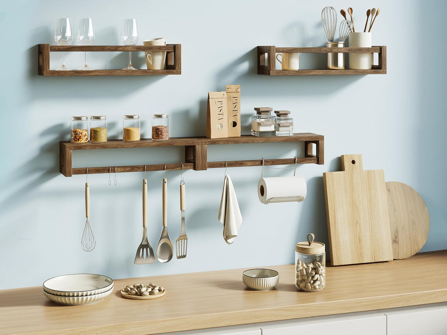 Upgraded Thick Floating Shelves - Multi-Use Wall-Mounted Bookshelves for Kids and Nursery, Ideal for Books, Toys, Spice Rack, Decor - Walnut Brown