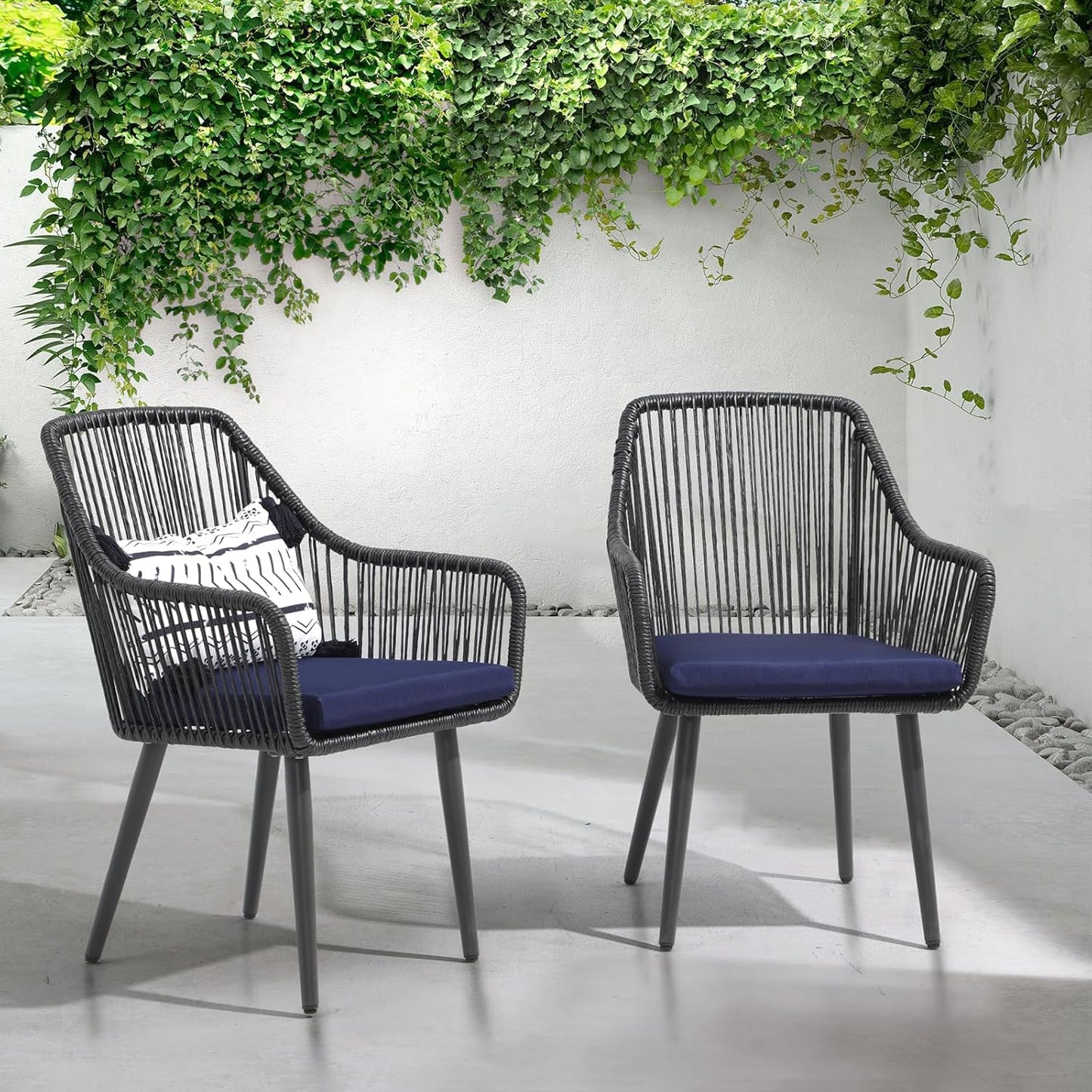 Patiorama Outdoor Dining Chairs, Patio Dining Chair Set of 2, All-Weather Woven Rope Rattan Chairs, Outdoor Dining Wicker Chair with Armrests for Indoor Balcony Pool Backyard(Blue)