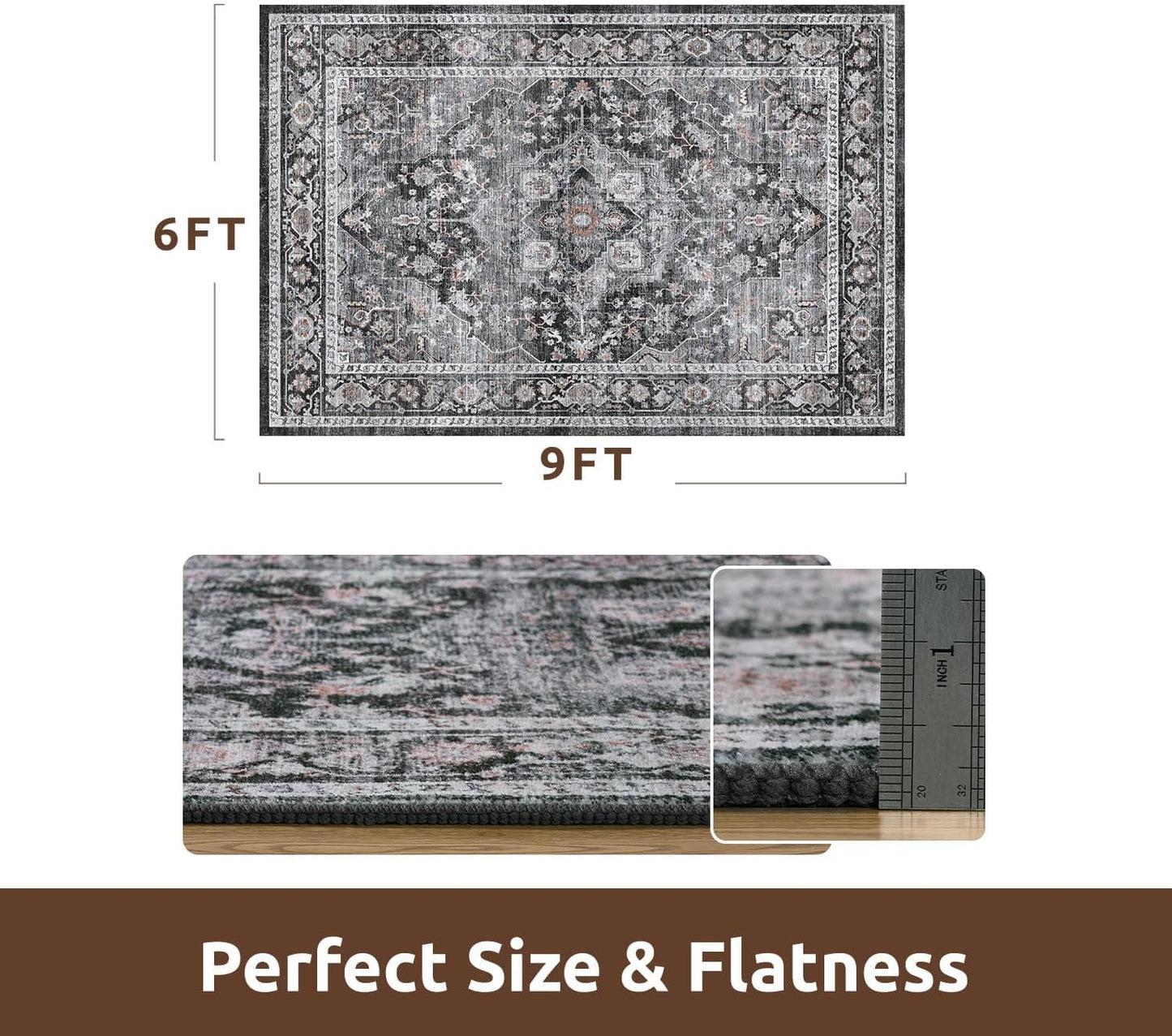 AMOAMI-Area Rug 6X9 Rugs for Living Room-Vintage Sof Dark Grey & Black Rugs for Bedroom-Non Slip Carpet-Machine Washable Rug for Dining Room Living Room Bedroom Office Under Table