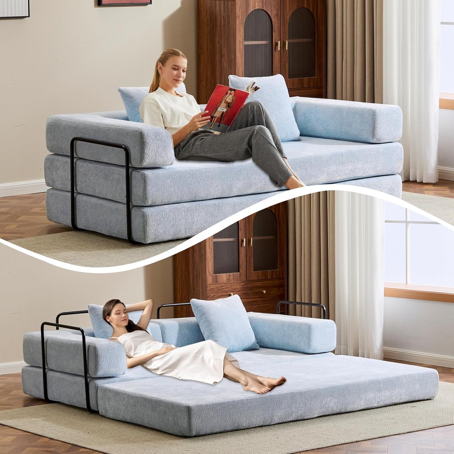 Convertible Sleeper Sofa Bed, Compression Folding Sofa with Pillow, No Assembly Required, Shape Frame, Floor Sofas Lounge Couch for Living Room, Bedroom, Small Spaces(Chenille, 77''W, Light Blue)