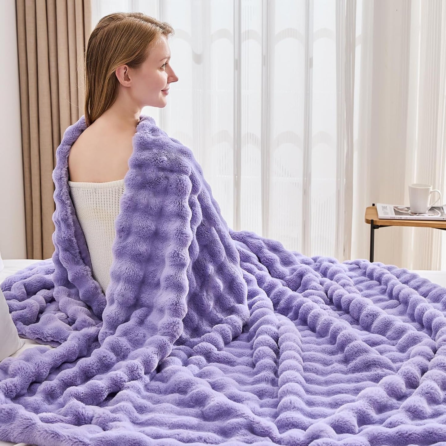 NEWCOSPLAY Faux Fur Throw Blanket Lavender Bubble Blanket Thick Warm Soft for Couch Sofa Bed 550GSM (Lavender, Throw(50"x60"))