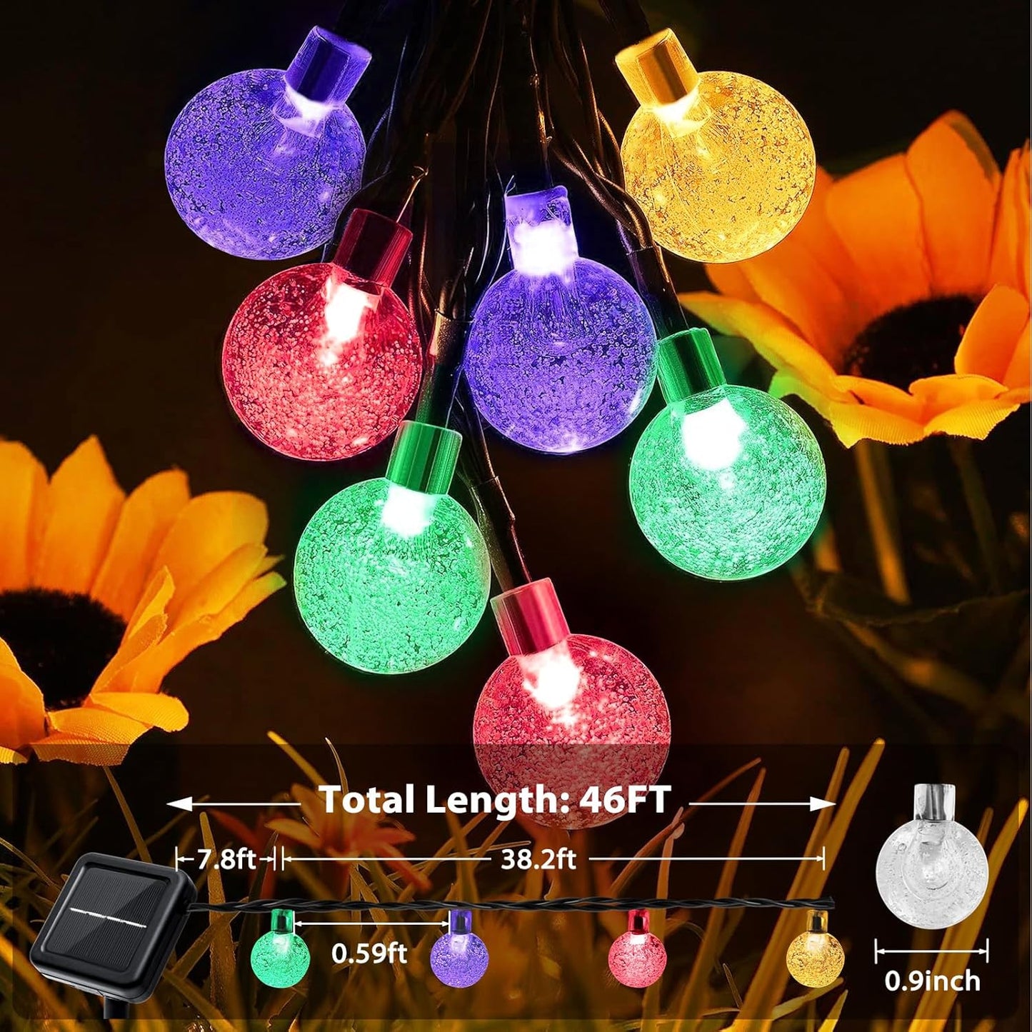 Outdoor Solar String Lights, 46FT 66LED 8Modes Crystal Color Solar Powered Christmas Fairy String Lights for Outside Yard Fence Easter Holiday Party Camping Porch Balcony Decor(Multicolor)