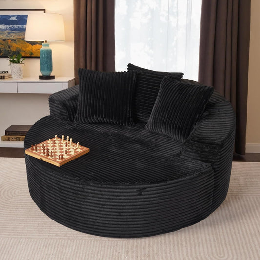 ovios 58" Oversized Round Chair Lounge Chaise Indoor, No Assembly Required, Cloud Large Circle Chair with Plush Fuax Fur, Fluffy Modern Sleeper Sofa Bed for Reading Yoga, Black (Plush Corduroy Fabric)