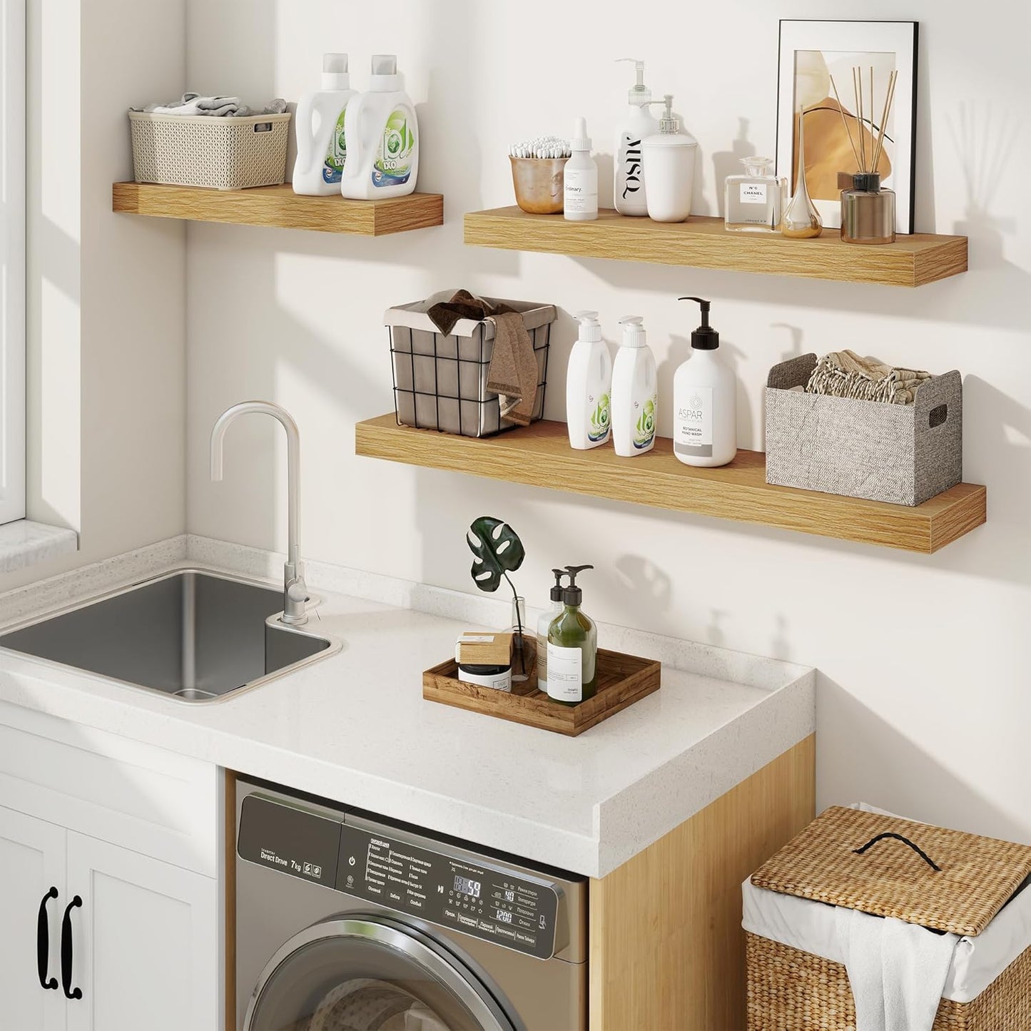 fuqing Floating Shelves for Wall, Bathroom Shelf Wall Mounted for Storage, Shelves with Invisible Bracket for Bedroom, Kitchen, Living Room, Farmhouse Small Book Shelf, 32 Inch Set of 2, Oak