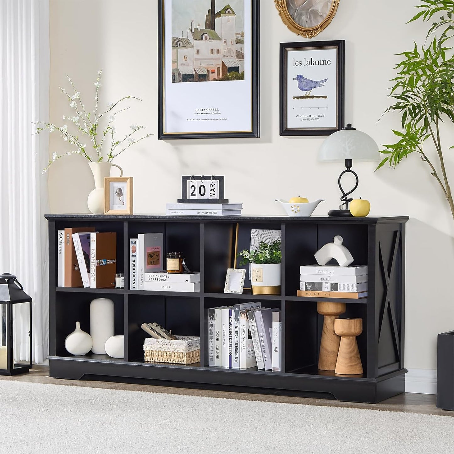 Farmhouse 8 Cube Bookshelf, Black Storage Organizer Bookcase, Kids Toy Storage Cabinet, Long Bookshelves Storage Organizer Shelf, Wood Display Cabinet Book Shelves for Bedroom,Living Room,Office