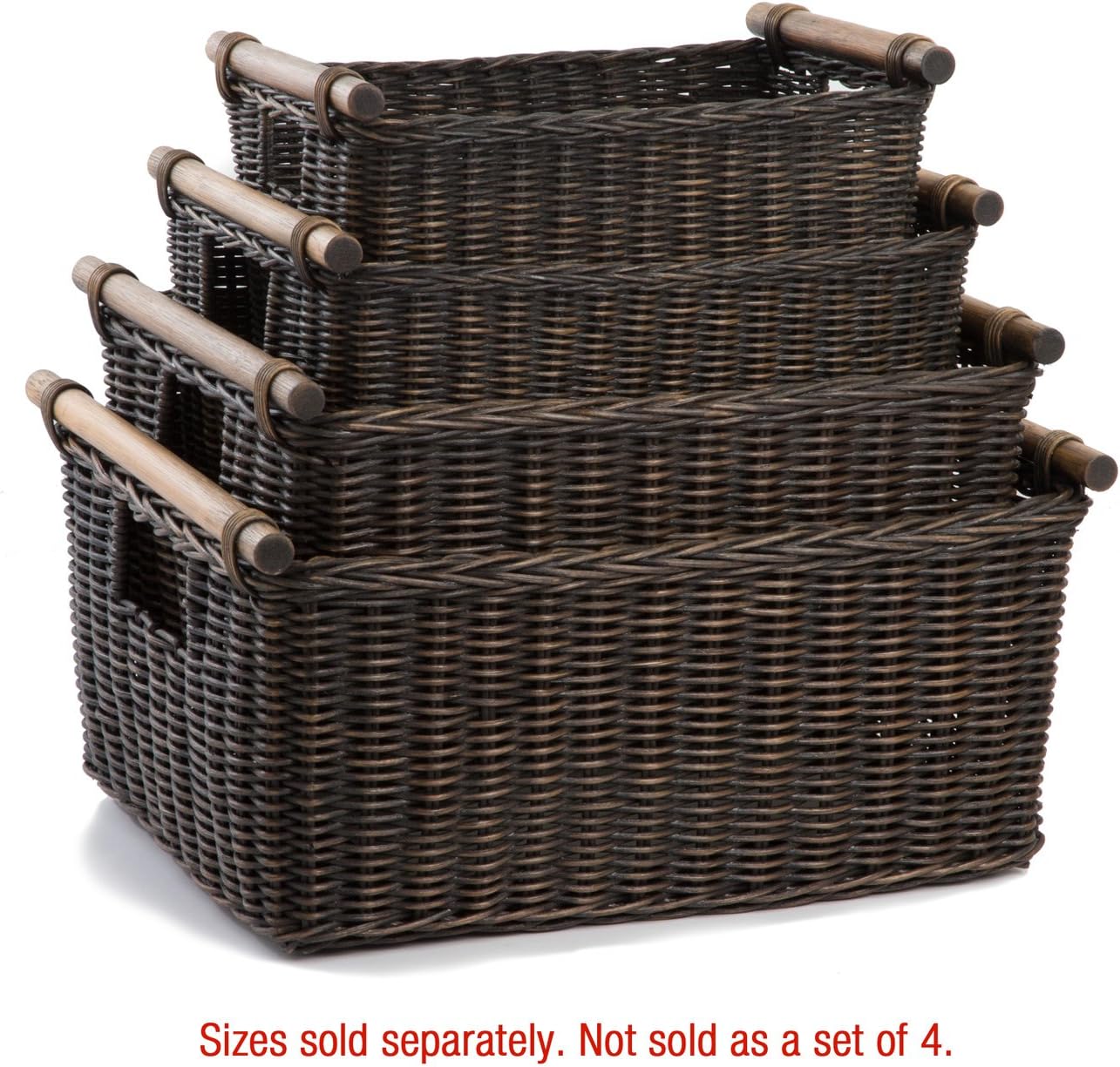 The Basket Lady Pole Handle Wicker Storage Basket, Medium, 16 in L x 12 in W x 8.25 in H, Antique Walnut Brown