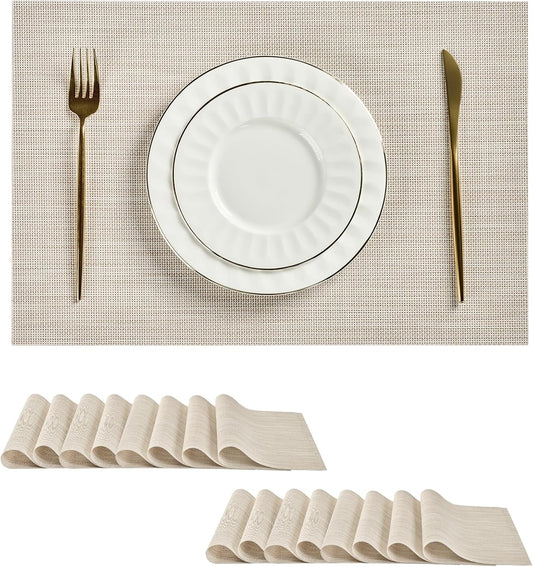 Leetaltree Beige White Placemats Set of 16 - Heat Resistant Non-Slip Place mats for Dining Table, Washable Durable PVC Vinyl Woven Table Mats（Beige White, 16）