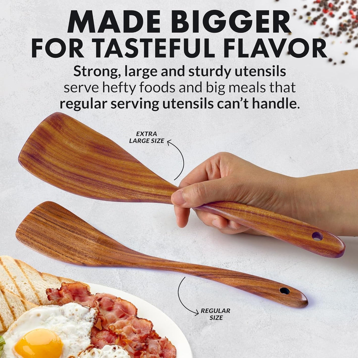 Zulay Kitchen Extra-Large 6-Piece Wooden Spoon Set - Smooth Teak Cooking Utensils - Comfort-Grip Non-Stick Turner, Spatula, Skimmer, Fork, Serving Spoon