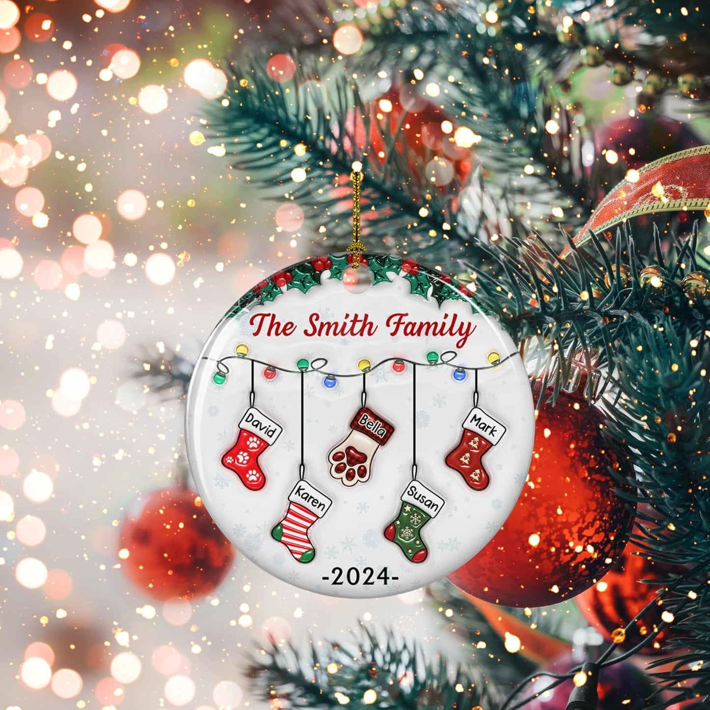 Stocking Personalized Family Christmas Ceramic Ornament 2025-3D Inflated Effect Custom Name Hanging Stock up to 10 Members, First Xmas as A Family Ornament Gifts (A04, 9 Names)