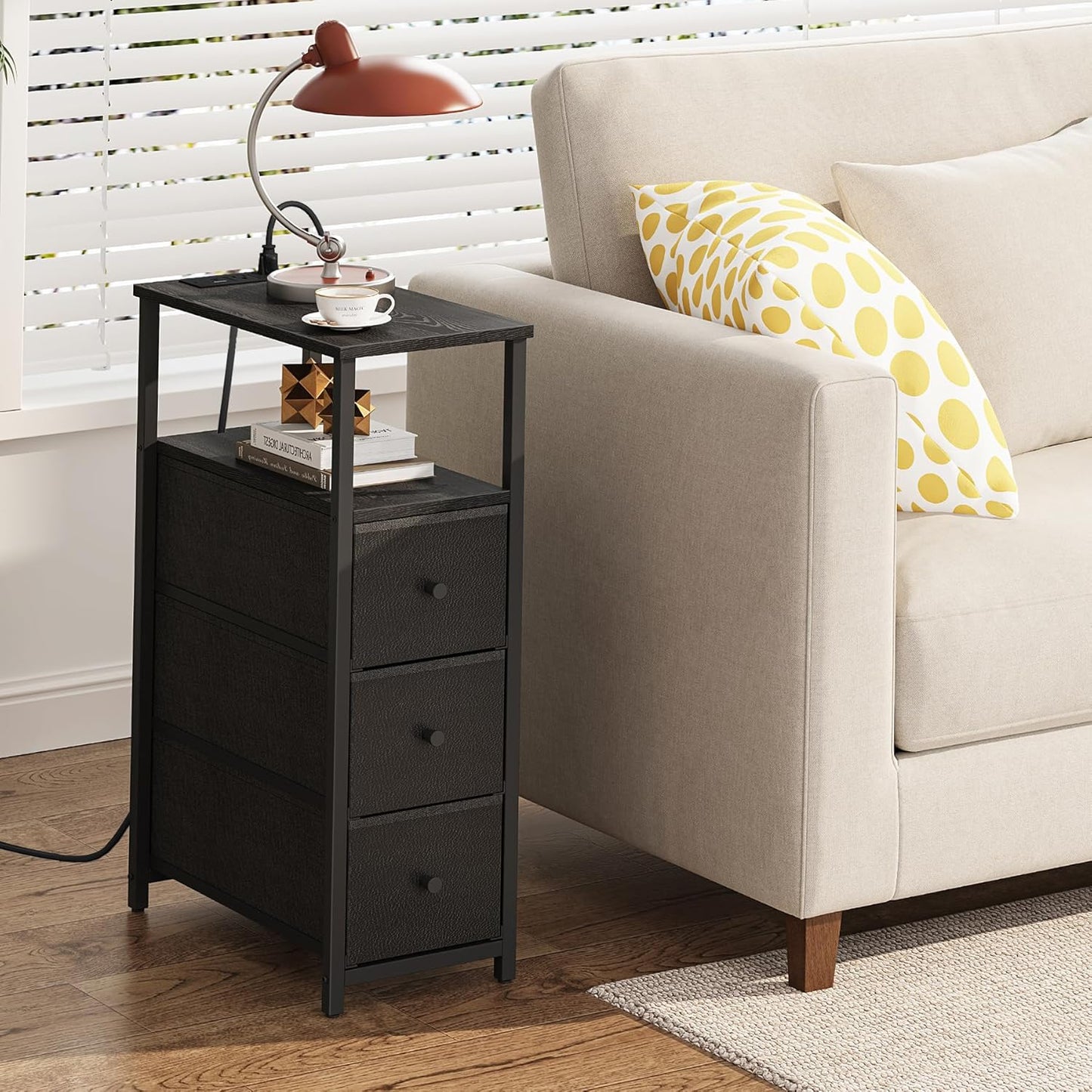 TUTOTAK Narrow Night Stand with Charging Station, Slim End Table with Plugins, Tall Side Table with 3 Fabric Drawer, Small Bedside Table with Storage, Living Room, Bedroom, Black TB01BK086
