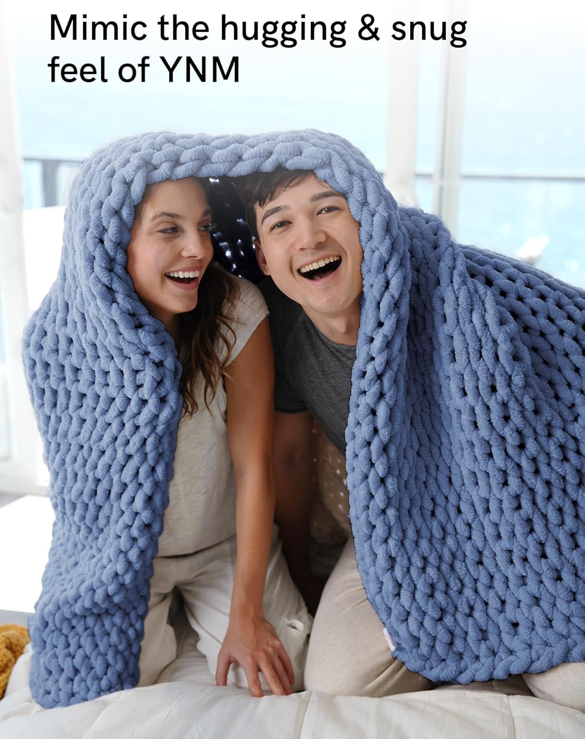 YnM Chunky Throw Blanket, Medium-Weight, Hand Knitted with Chenille Yarn, Skin Friendly, Ventilated and Breathable, Machine Washable, Home Décor Piece for Couch Sofa and Bed (Chambray Blue 60x80 Inch)