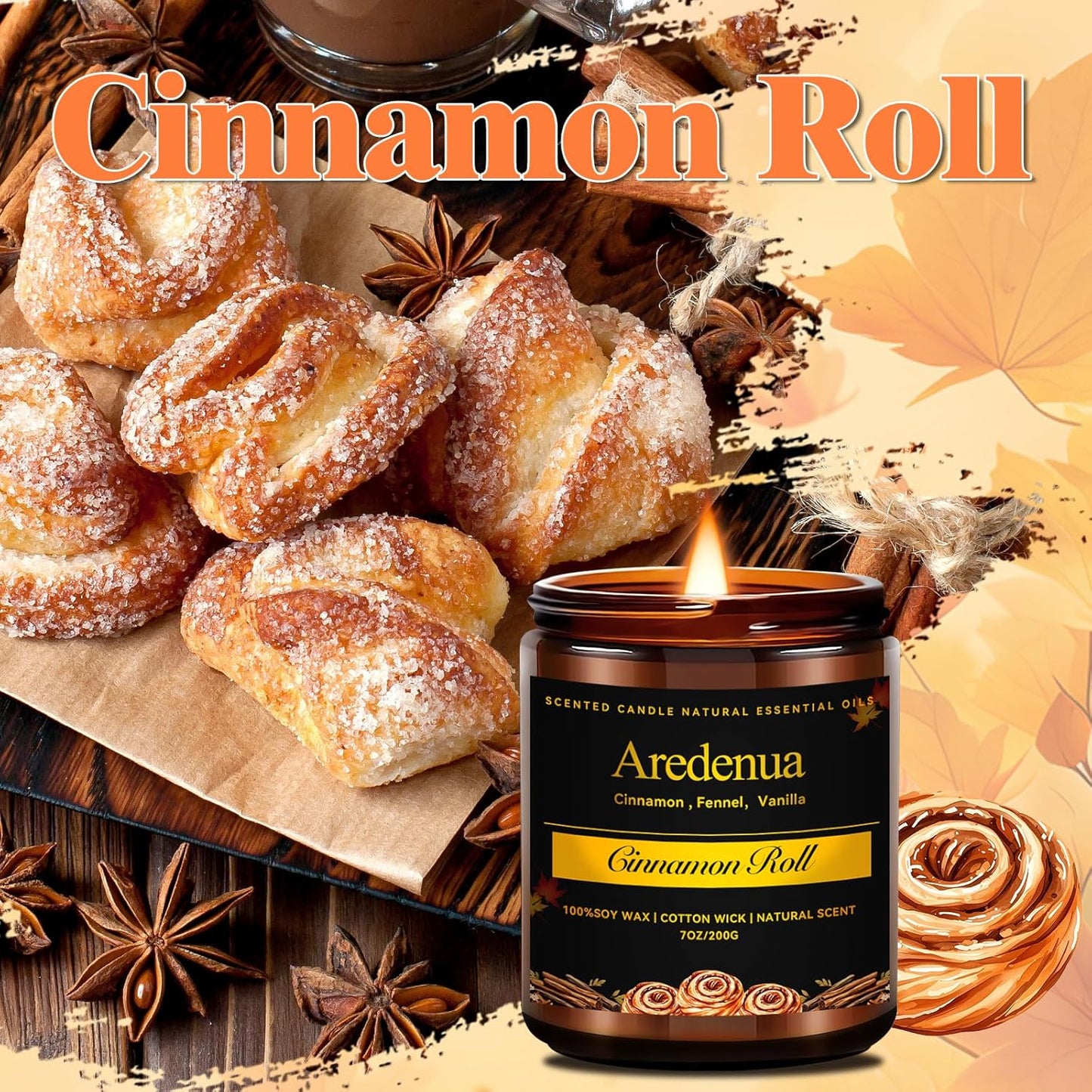 Cinnamon Roll Candles | Fall Cinnamon Candle - Autumn Scented Candle for Home, 7oz Soy Candles for Home Scented, Fall Gifts for Women & Men, Cozy Seasonal Sweet Scent for Autumn & Thanksgiving