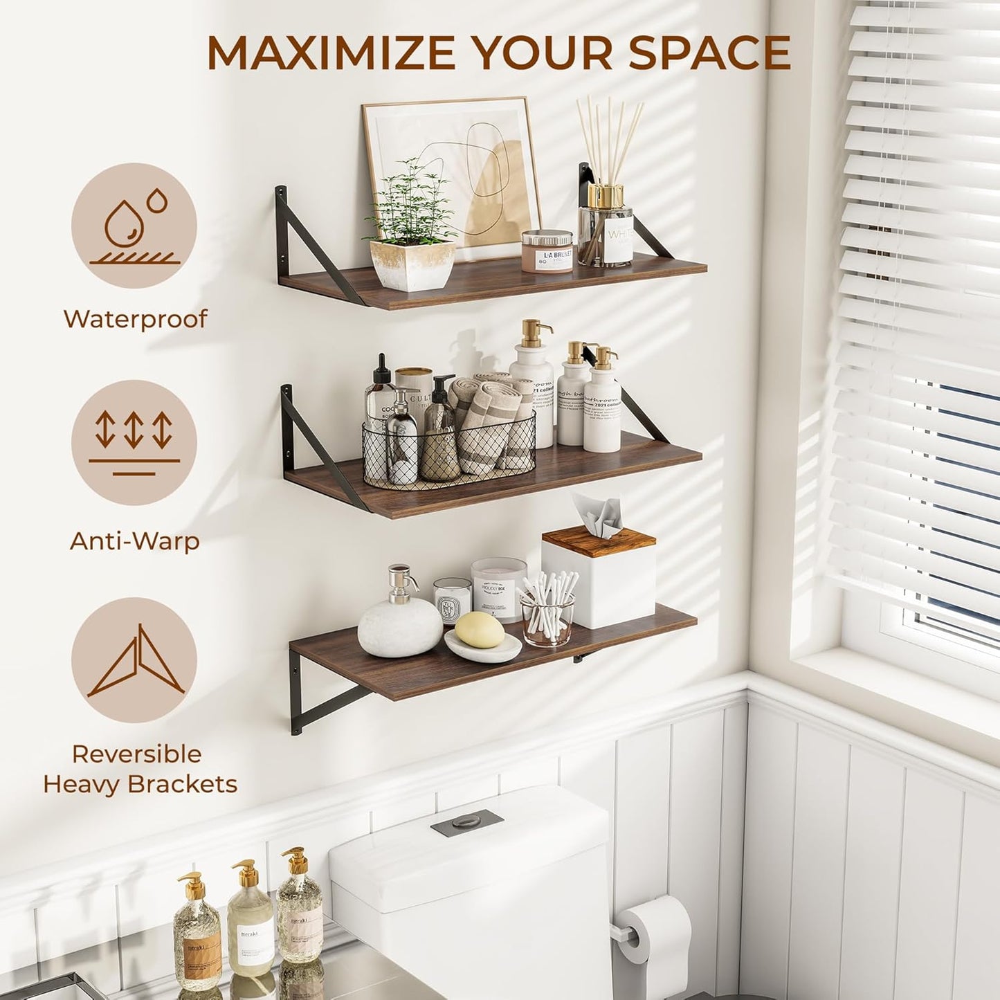 Heimlove 24" W x 12" D Wall Shelves for Books, 12 Inch Deep Floating Shelves Set of 3, Wide Floating Bookshelf with Metal Bracket for Living Room, Kitchen, Office, Bedroom and Decor Storage - Walnut