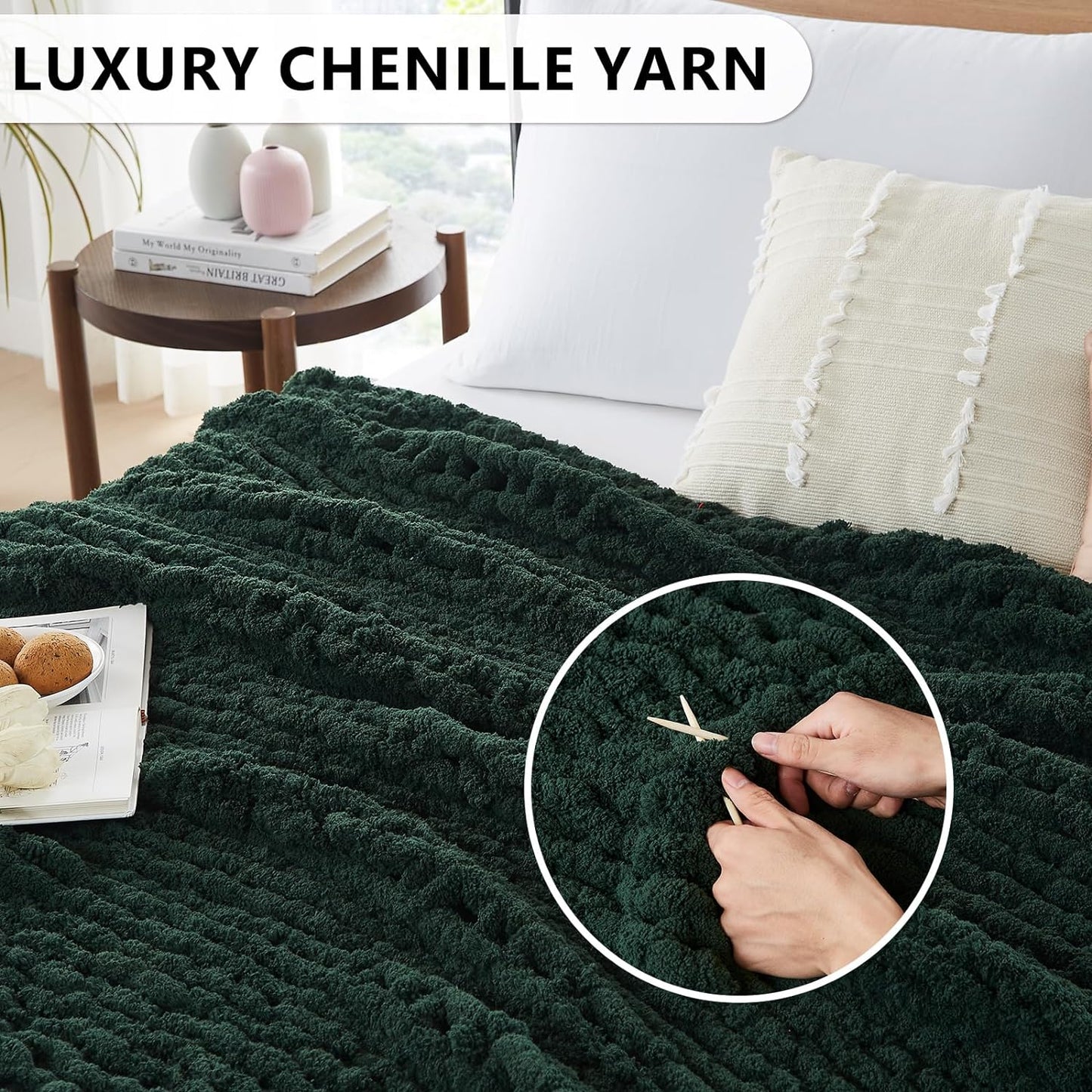 L'AGRATY Chunky Knit Blanket Throw - Soft Chunky Throw Blanket 40x50: 100% Hand Kintted Chenile Crochet Throw Blanket for Couch - Large Cable Knit Chunky Blanket for Home Decor(Olive Green)