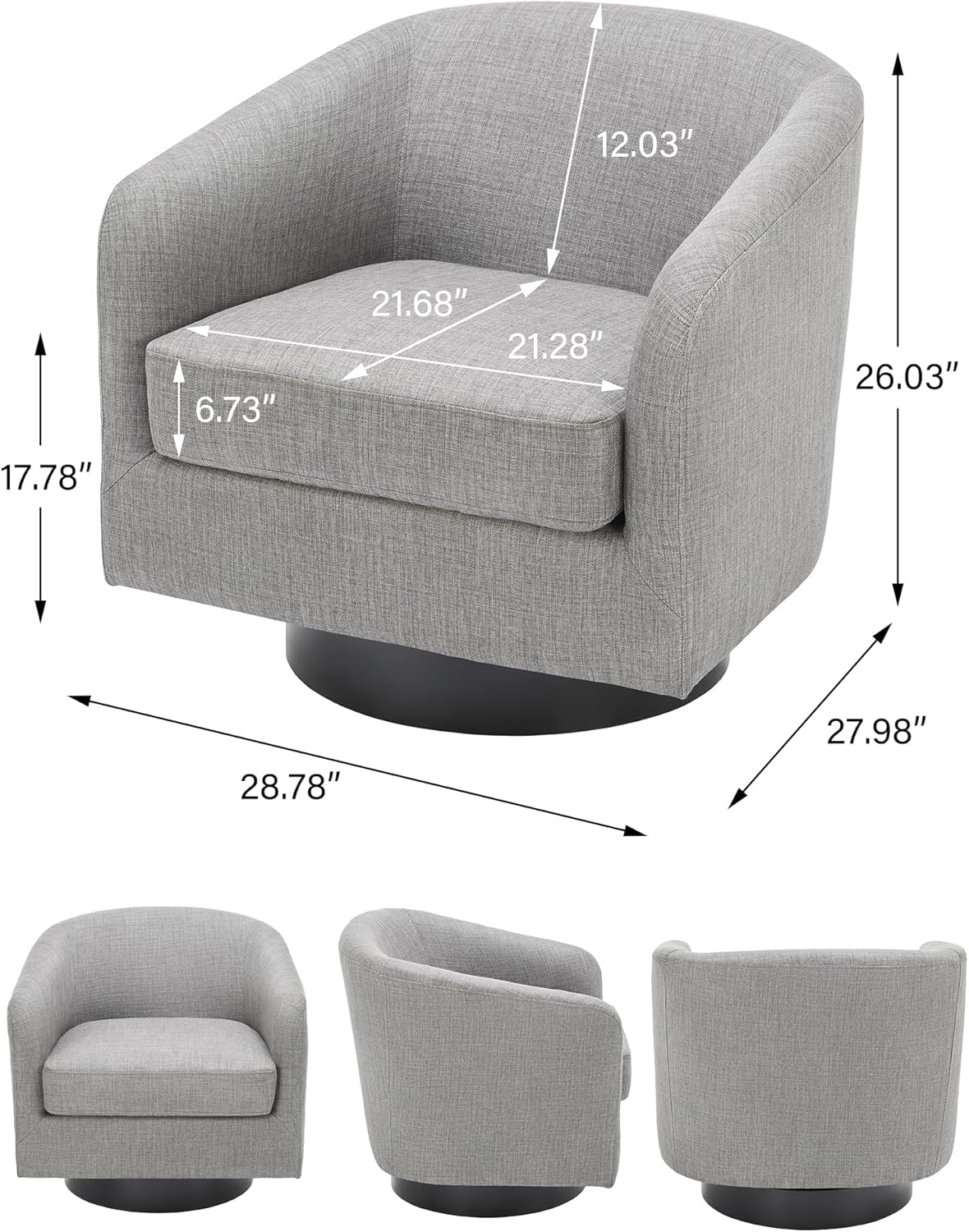 Swivel Barrel Accent Chair, Modern Round Linen Arm Chair for Living Room, Bedroom, Comfy Club Reading Chairs for Adults（Linen Fabric, Light Grey, Set of 1
