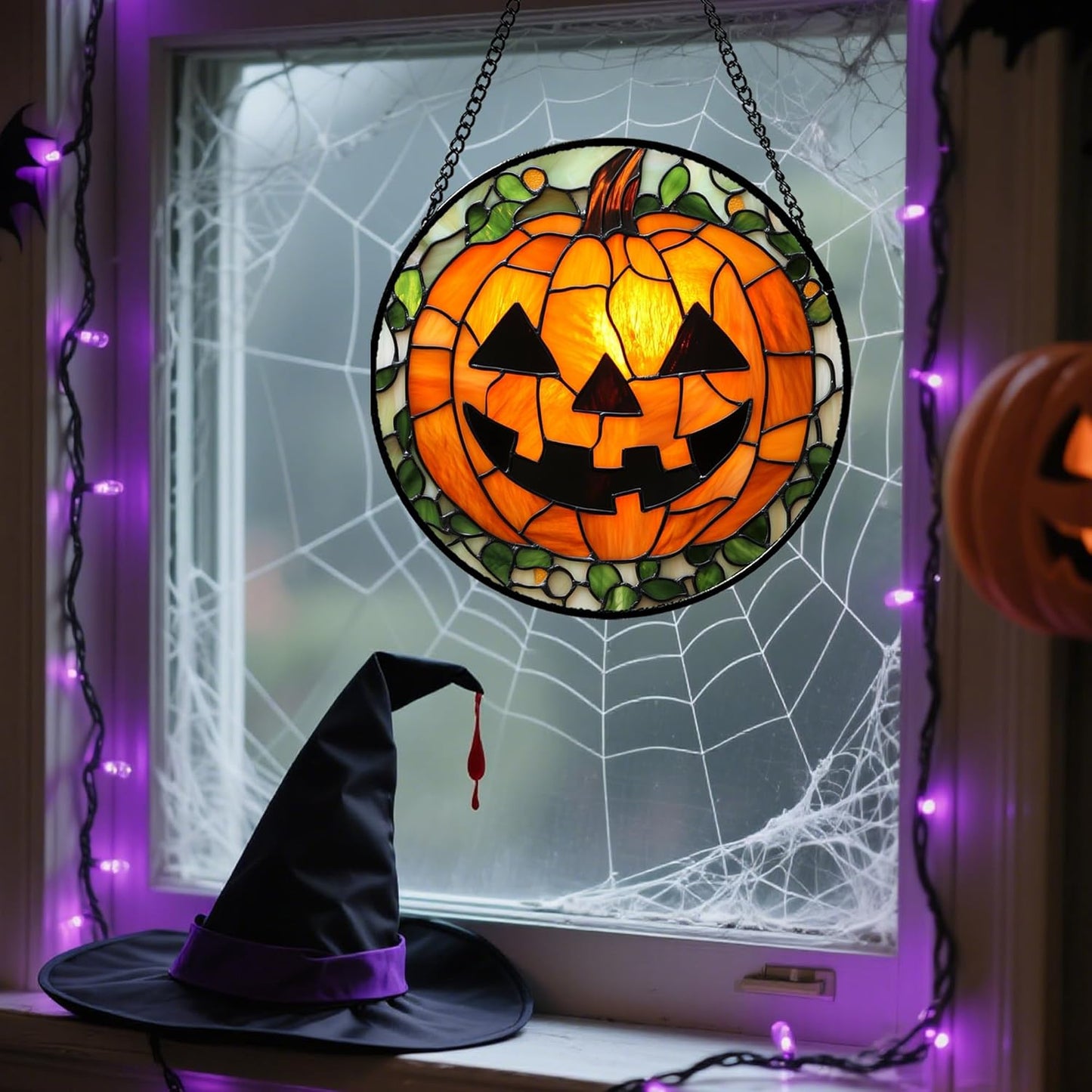 Stained Glass Window Hanging, Halloween Decorations Evil Pumpkin Suncatcher for Doors Garden Indoor Spooky Funny Orange Sun Catchers Gothic Decor Horror Gifts for Women Men Friend 11.8 in
