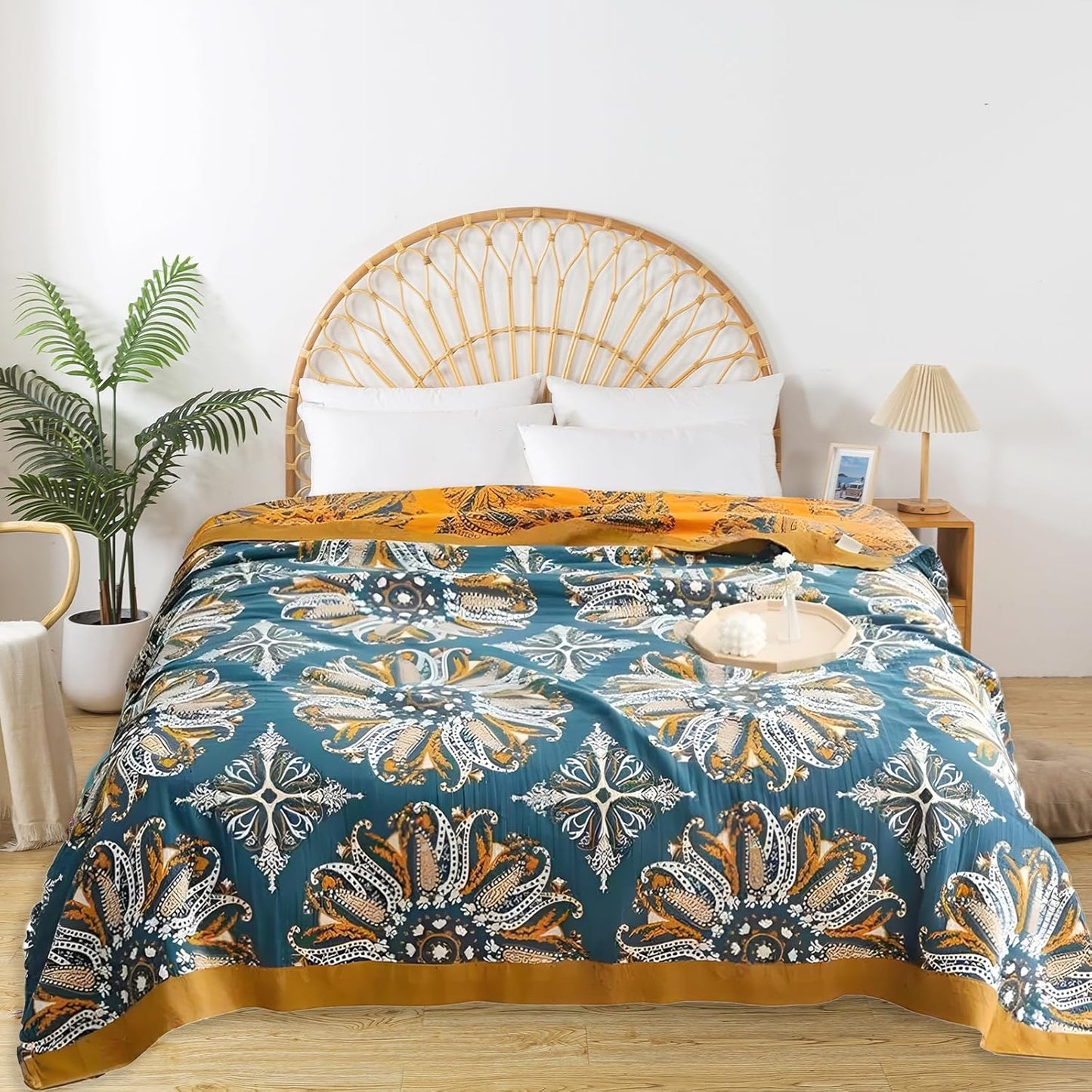 Boho Throw Blanket for Bed - 100% Pure Cotton Ultra Soft Rustic Quilt - Farmhouse Decor Bed Blankets, All Season Rustic Throw for Sofa Couch Chair(91''x 98'', Boho Floral)