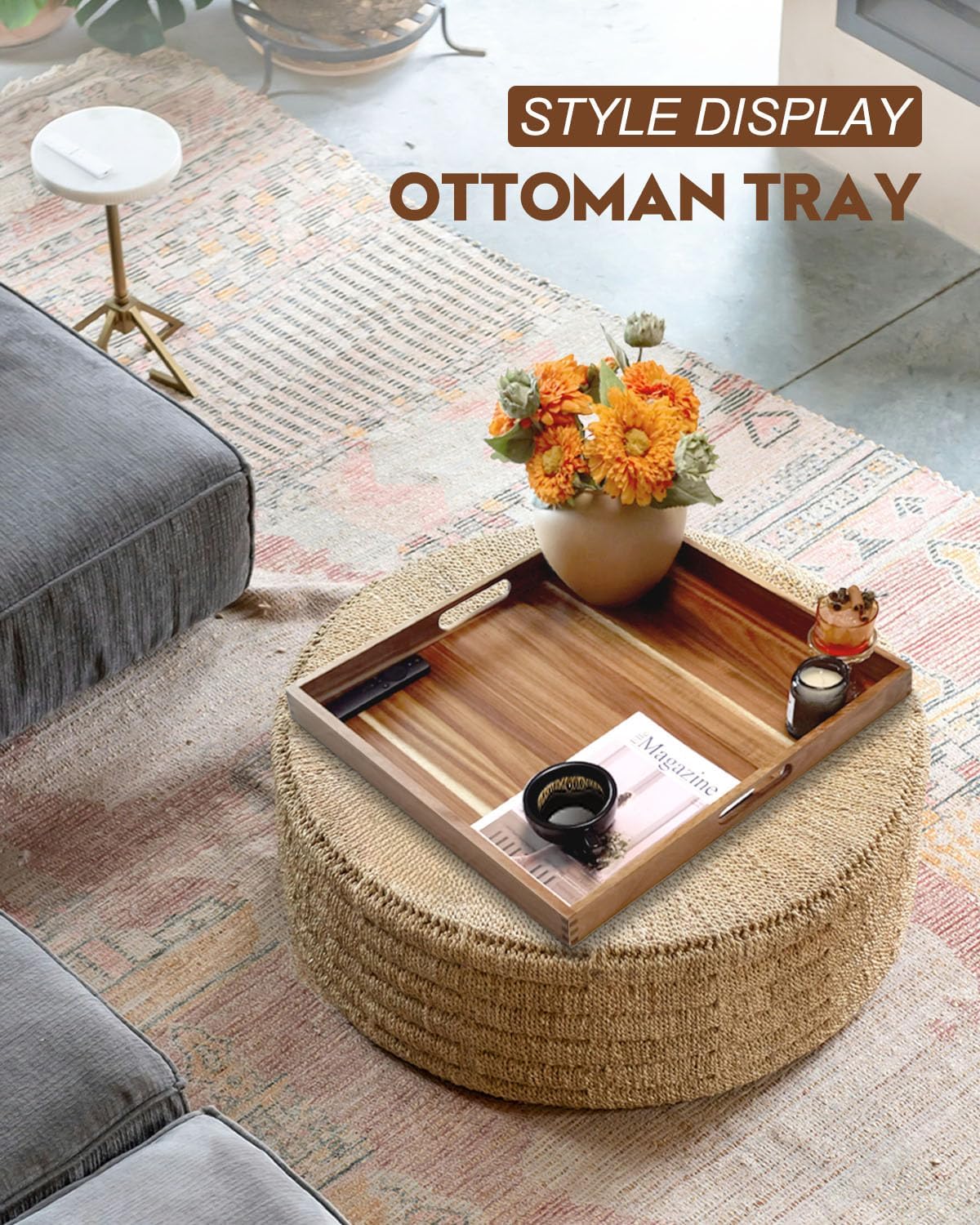 22 Inches Square Acacia Wood Ottoman Tray, Extra Large Wooden Serving Tray with Handles for Living Room, Serving Food Breakfast, Ottoman Coffee Table Couch Sofa Kitchen