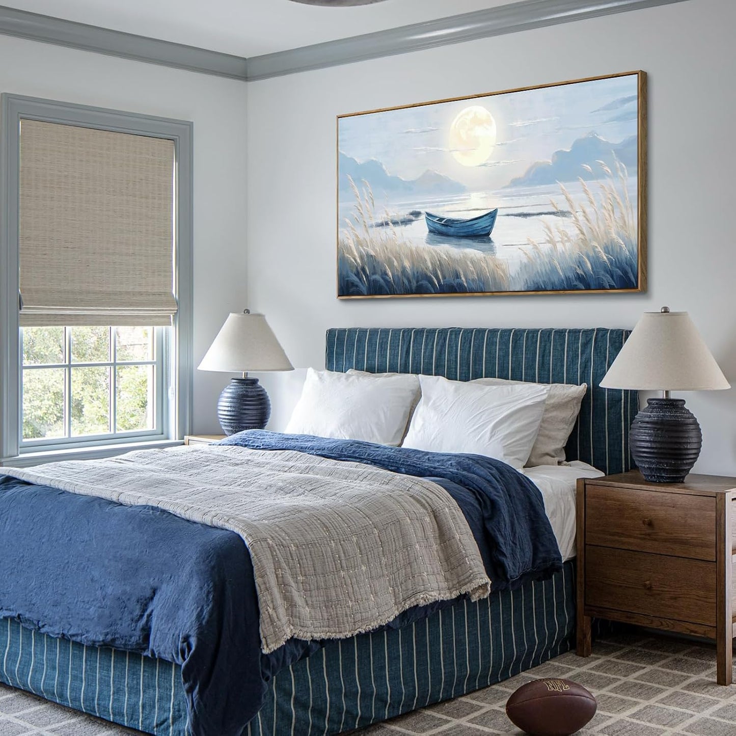amatop Oversized Framed Coastal Wall Art for Living Room Blue Boat Moon Sea Picture Landscape Canvas Print Calming Night Ocean Lake Scene Large Artwork Nautical Bedroom Office Wall Decor 58x29 In
