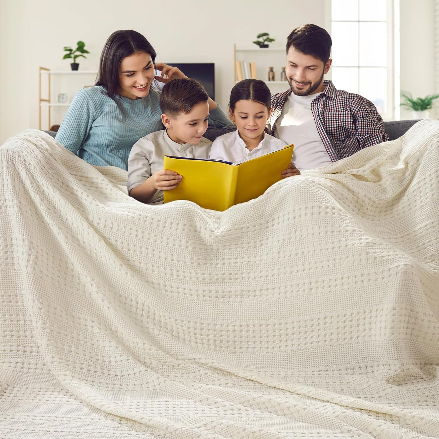 PHF 100% Cotton Waffle Blanket Oversized King 120"x120", Lightweight Breathable Extra Large 10'x10' Summer Blankets for Bed, Giant Big Luxury Aesthetic Woven Bedding for Home Decor, Ivory