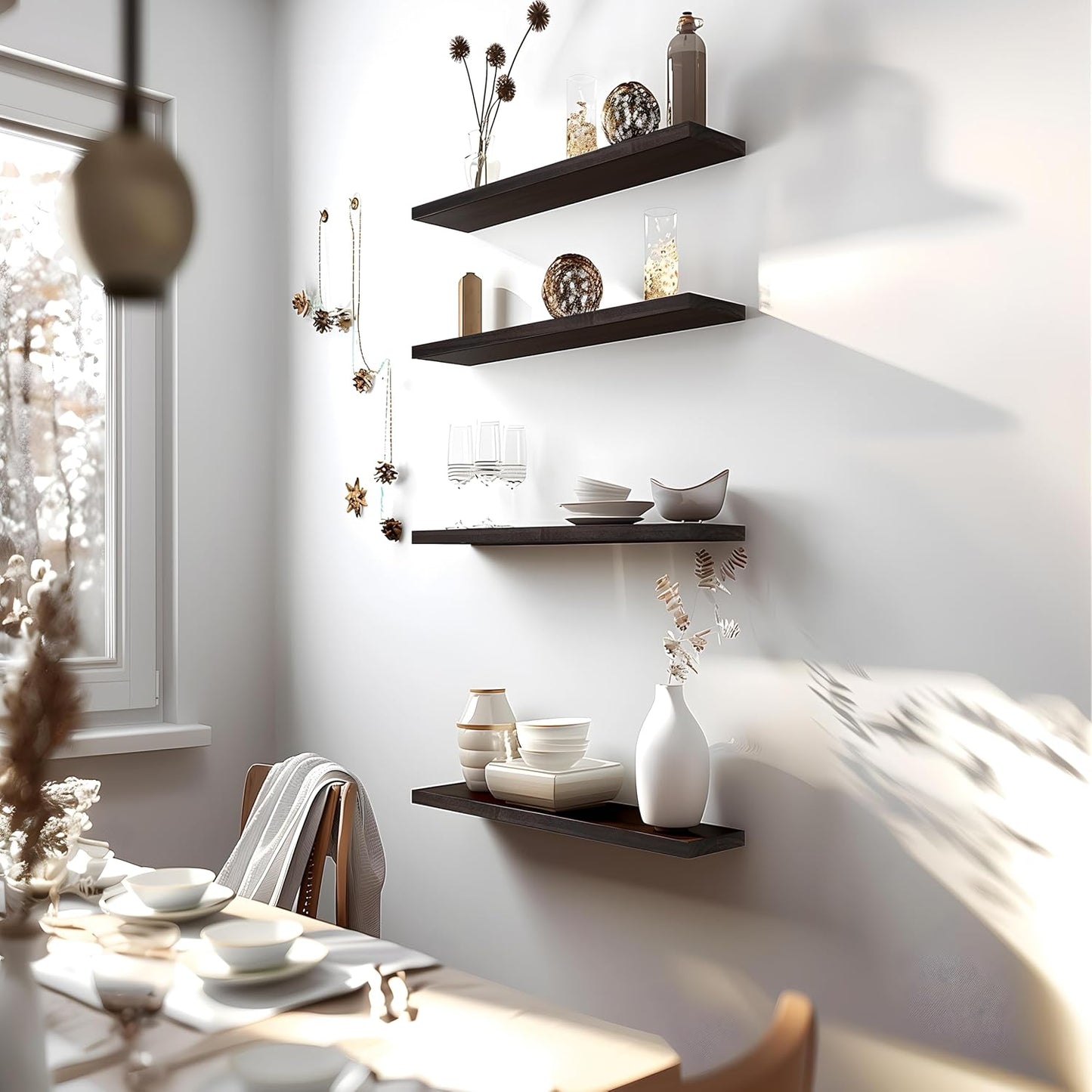 24 Inch Floating Shelves for Wall Rustic Brown Wood Wall Shelves for Bedroom Set of 4