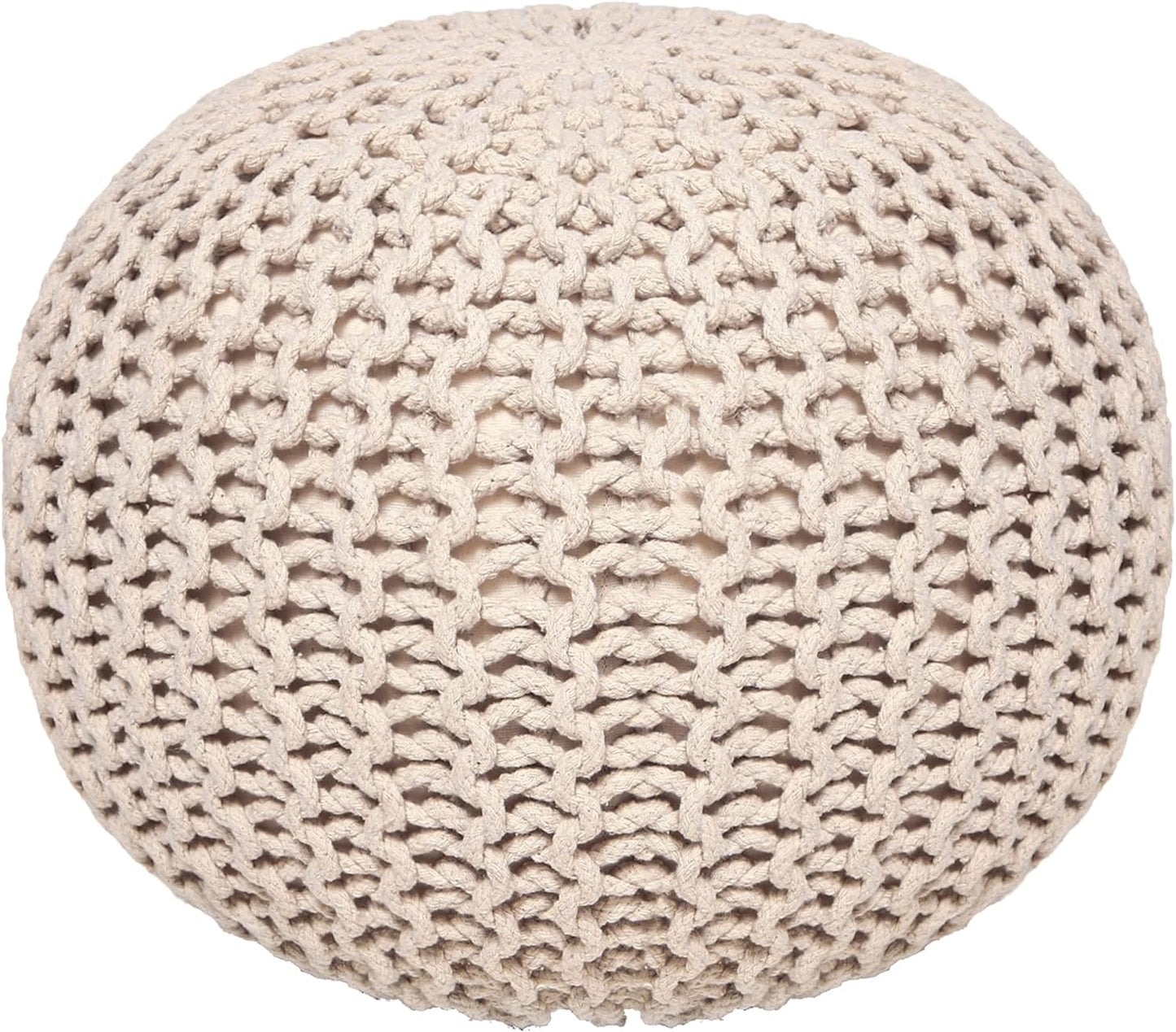REDEARTH Round Pouf Ottoman - Cable Knitted Boho Poof - Home Décor Cord Pouffe Handmade Circular Footrest for Living Room - Bedroom - Kids Bedroom - 100% Cotton Pouf (18" x 18" x 14") - Ivory