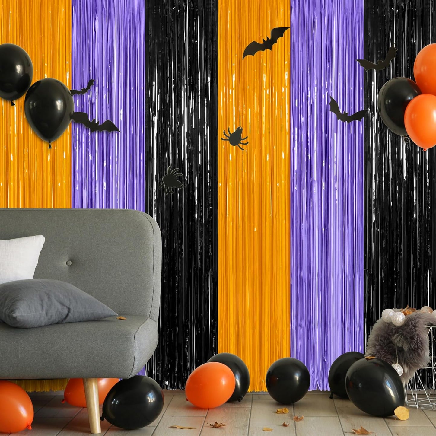 8 Pack Halloween Decorations Indoor, 3.28 FT x 7.05 FT Party Streamer, Orange Purple Black Streamer Backdrop Fringe Curtains Foil Tinsel, Halloween Party Supplies Hanging Halloween Decor