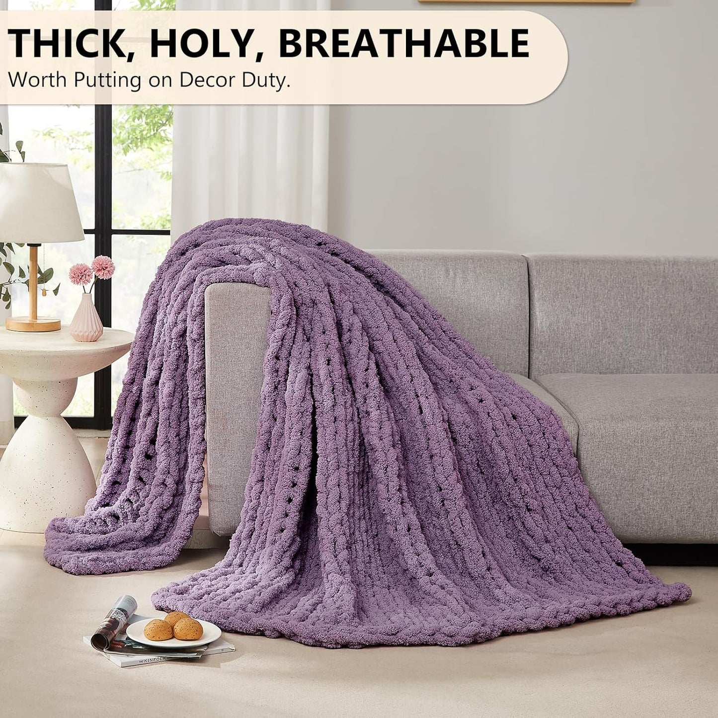 L'AGRATY Chunky Knit Blanket Throw: 50''x60'' Chenille Chunky Knitted Throw Blanket for Bed Couch - Handmade Thick Big Cable Knit Blanket - Large Crochet Rope Blanket for Home Decor(Deep Purple)