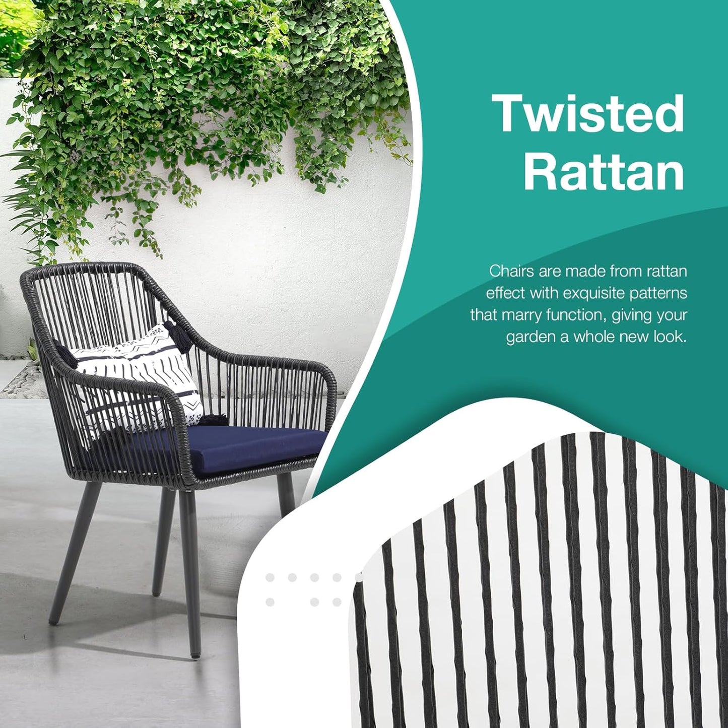 Patiorama Outdoor Dining Chairs, Patio Dining Chair Set of 2, All-Weather Woven Rope Rattan Chairs, Outdoor Dining Wicker Chair with Armrests for Indoor Balcony Pool Backyard(Blue)