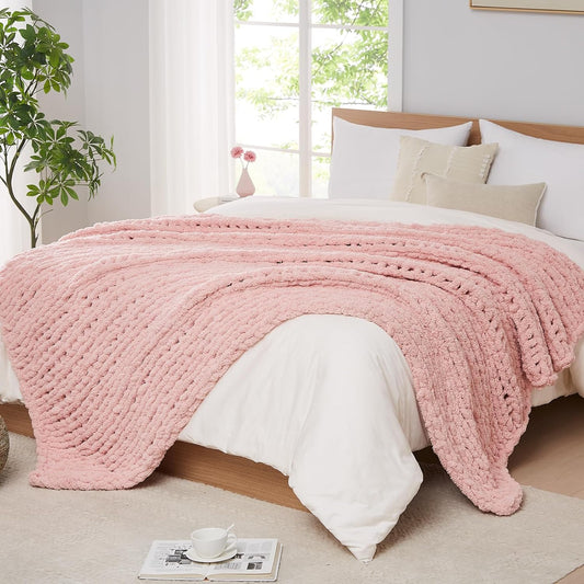 L'AGRATY Chunky Knit Blanket Throw: 80''x90'' Chenille Chunky Knitted Throw Blanket for Bed Couch - Handmade Thick Big Cable Knit Blanket - Large Chunky Crochet Rope Blanket for Home Decor(Pink)