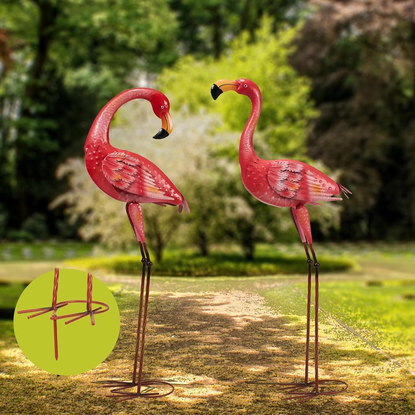 Metal Flamingo Garden Statue, 40" Tall Outdoor Decor Flamingos Yard Art Sculptures and Statues Reinforced Foot, Weatherproof Flamingo Ornaments for Lawn Pool Backyard Decor, Set of 2