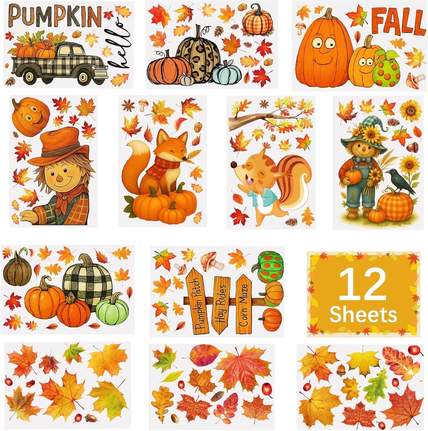DC-BEAUTIFUL 153 Pcs Fall Window Clings, 12 Sheets Double Sided Autumn Pumpkin Scarecrow Maple Leaf Glass Stickers, Reusable Static Thanksgiving Window Decals Party Decors for Home Office School Shop