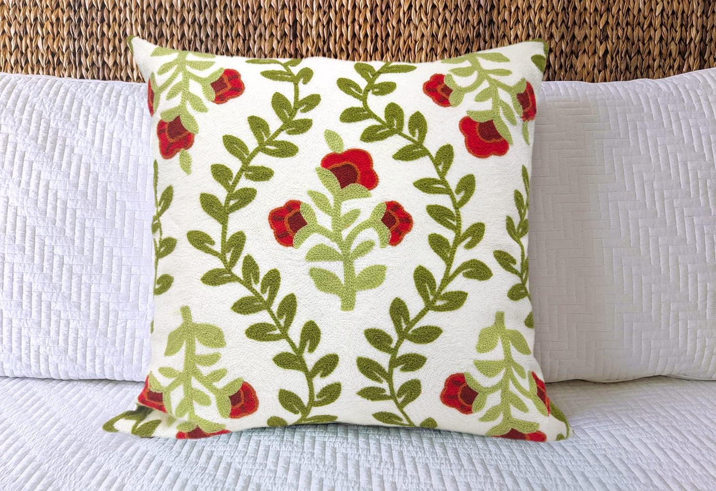 Alysheer Floral Embroidered Summer Decorative Throw Pillow Cover 18"x 18", Farmhouse Cottage Red Flowers Green Leaves Knit Pattern Cotton Canvas Cushion Case for Sofa Couch Bed Living Room Decor