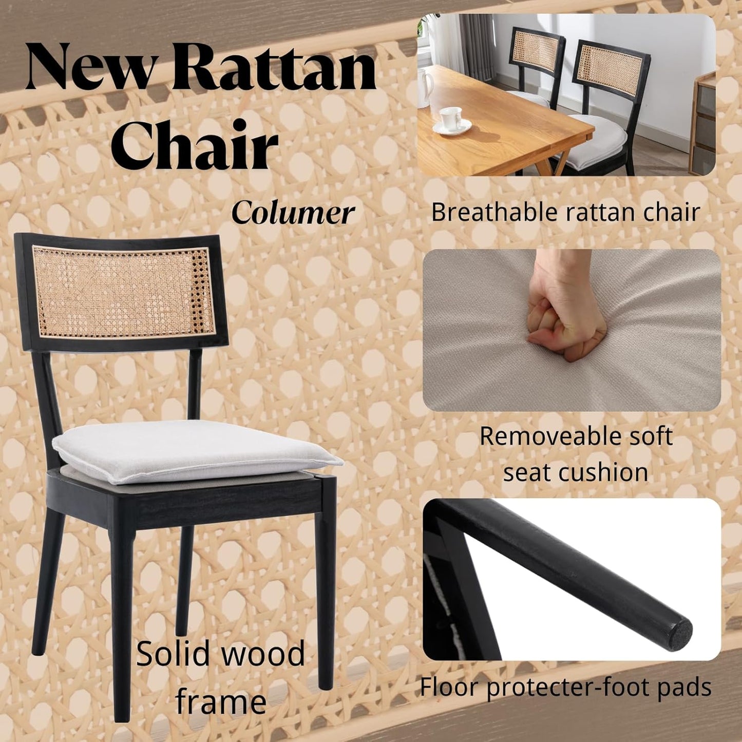 Rattan Dining Chairs Set Of 4 , Mid Century Modern Black Wooden Cane Back Chairs with Removable Linen Cushion , Retro Farmhouse Upholstered Kitchen & Dining Room Chairs for Restaurant Living Room