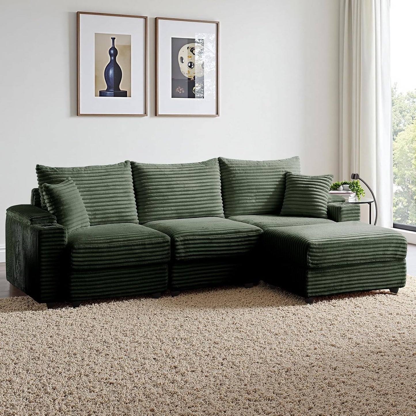 Modular Sectional Sofa Couch, Plush Corduroy Fabric Sectional Couches for Living Room with USB Charging Ports, Phone Holders, and Multi-Functional Storage Armrests (Green, 3set+1ottoman)