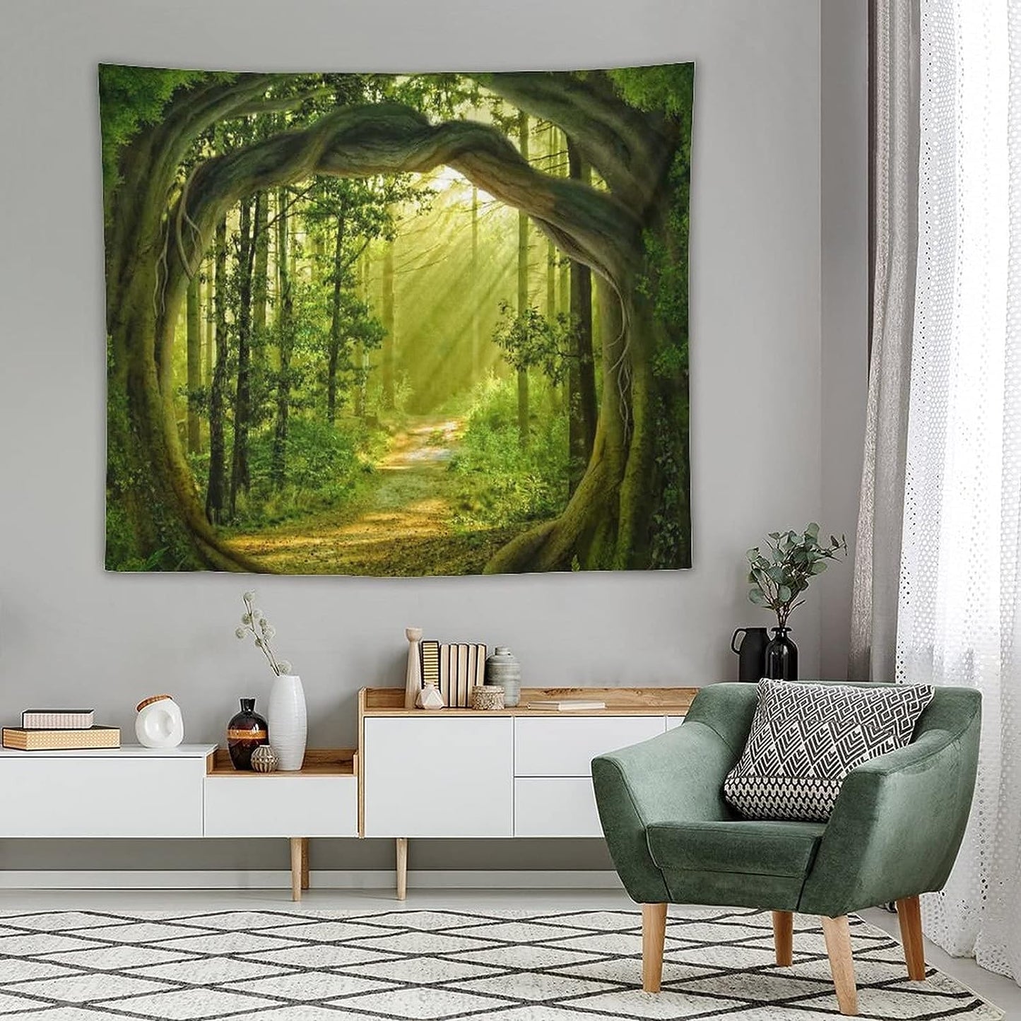 FENDROM Enchanted Forest Tapestry Nature Sunshine Lanscape Green Tree Cave Tapestries Wall Hanging For Living Room Bedroom Home Decorations