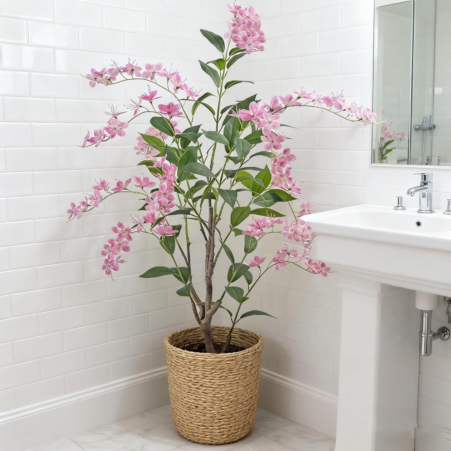 Artificial Jasmine Tree 5ft Beige Flower Pot Fake Plants, Lifelike Artificial Trees with Natural - Looking Blooms, Perfect for Any Space