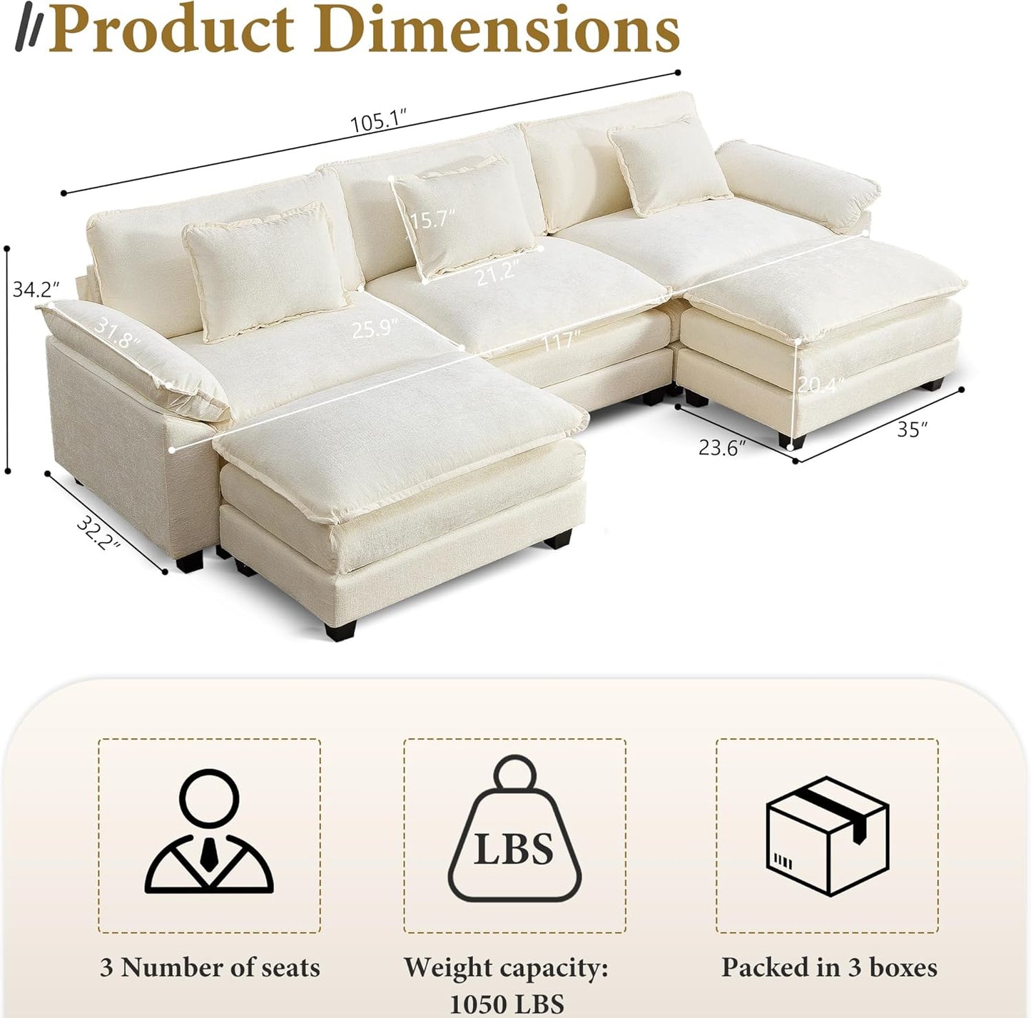 URRED Modular Sectional Sofa Comfy Cloud Couch, Modern Chenille Sofa Sleeper Deep Seat Couches with Ottoman/Pillows for Living Room (White, 117'' - U Shape)