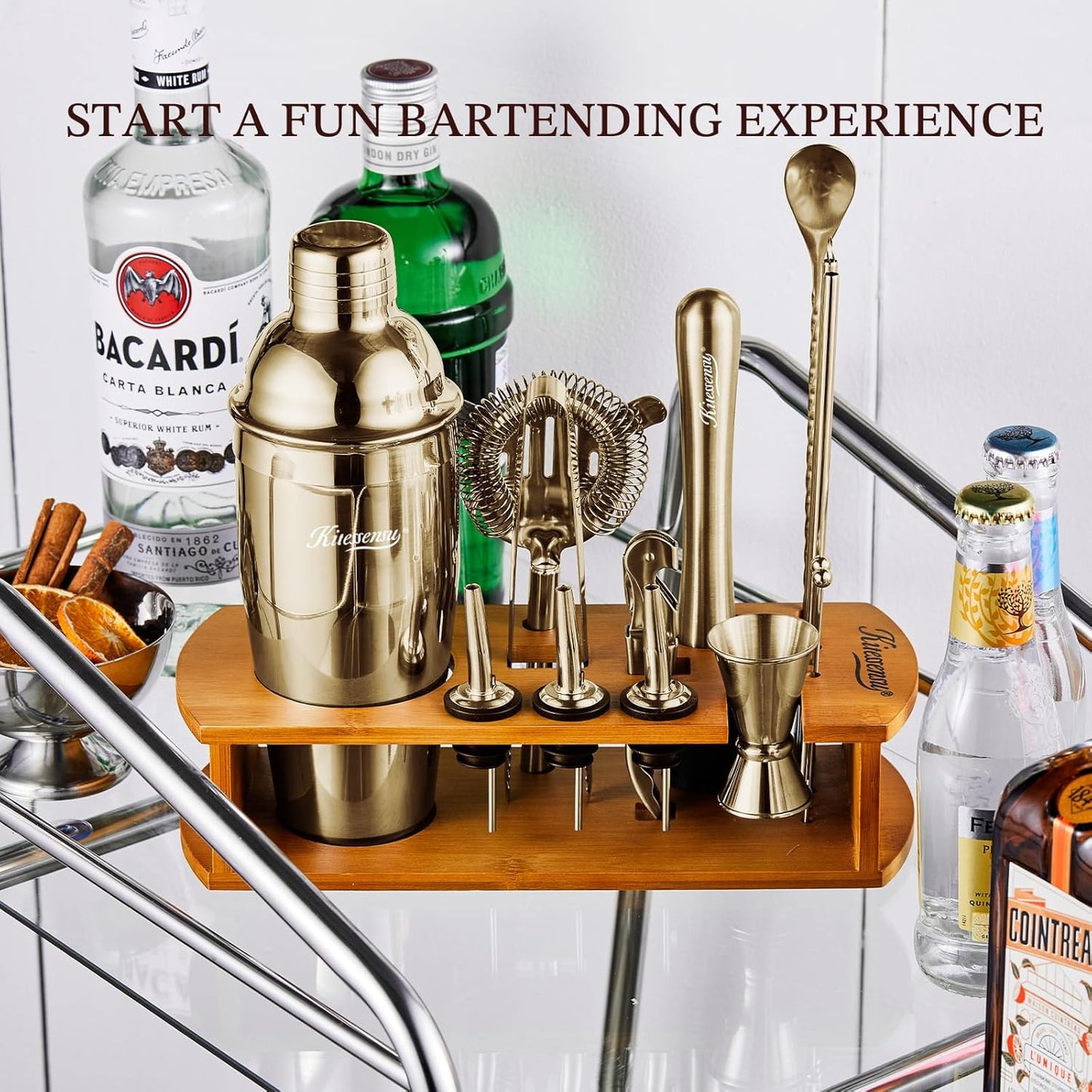 KITESSENSU Cocktail Shaker Set Bartender Kit with Stand | Bar Set Drink Mixer Set with All Essential Accessory Tools: Martini Shaker, Jigger, Strainer, Mixer Spoon, Muddler |Champagne Gold