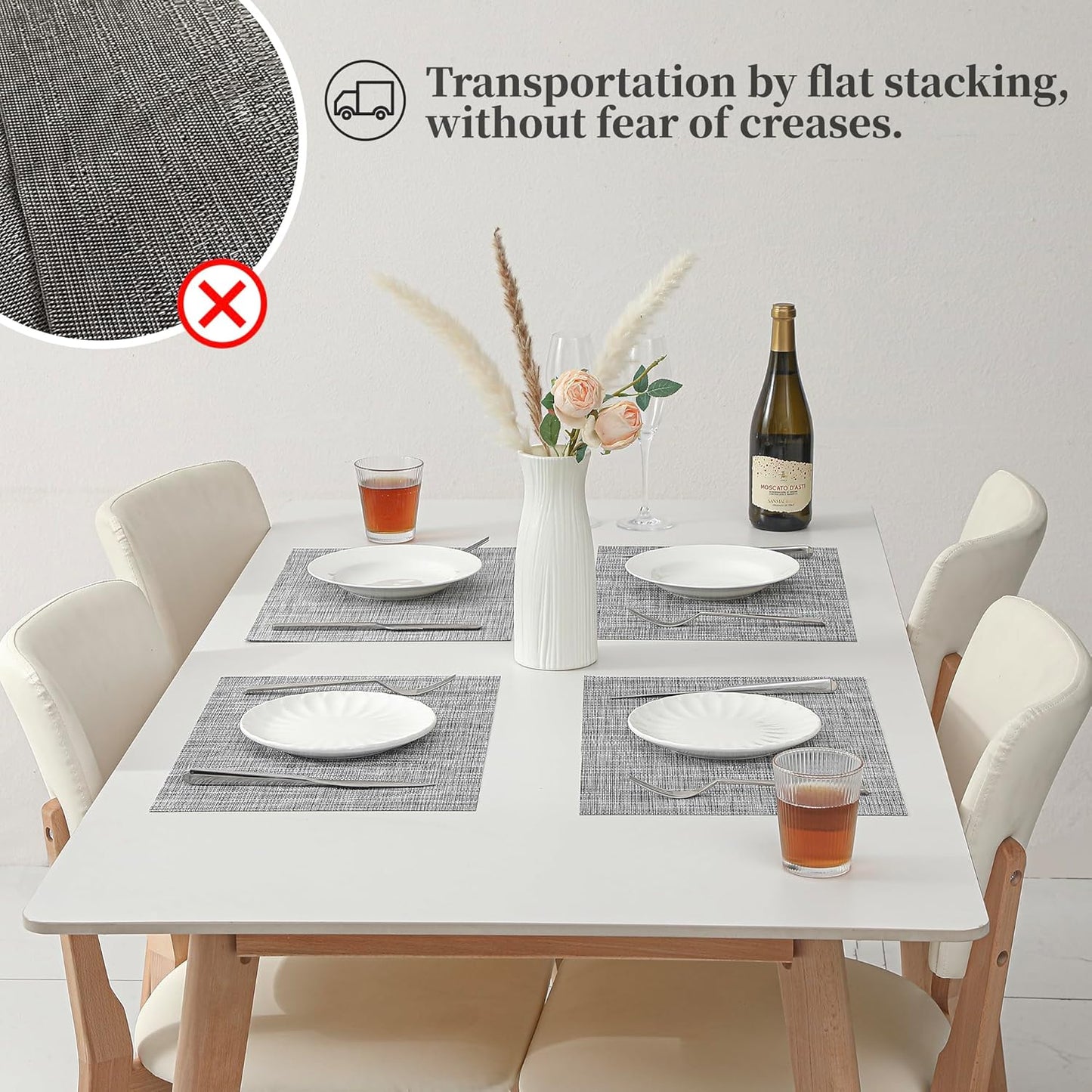 Leetaltree Linen Grey Placemats Set of 6 - Heat Resistant Non-Slip Place mats for Dining Table, Washable Durable PVC Vinyl Woven Table Mats（Linen Grey, 6）
